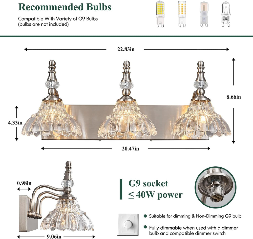 Vintage Bathroom Vanity Light, 3-Light Brushed Nickel Vanity Lighting Fixture with Flower Glass Shade, Bathroom Lighting Fixtures Over Mirror