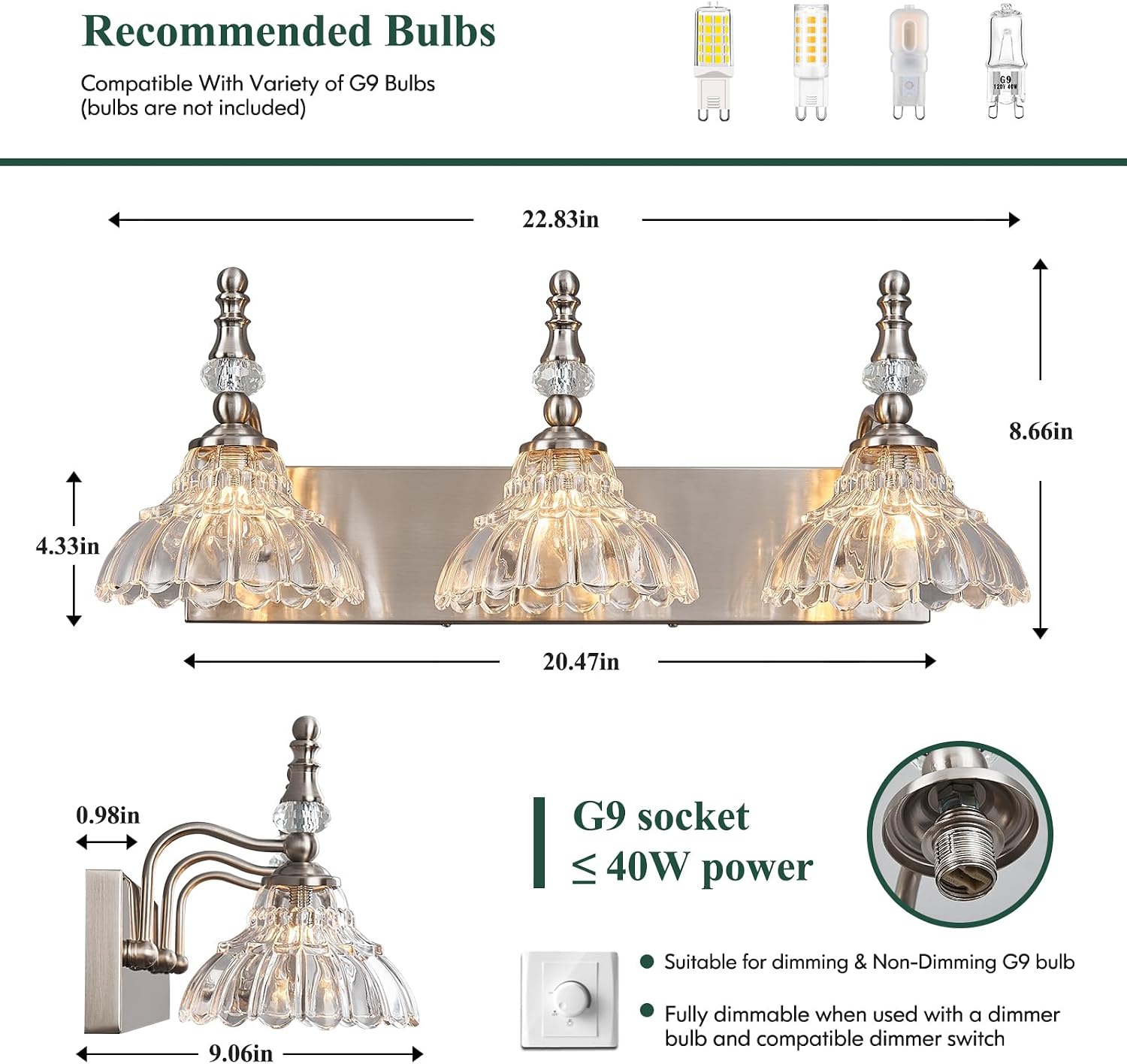 Vintage Bathroom Vanity Light, 3-Light Brushed Nickel Vanity Lighting Fixture with Flower Glass Shade, Bathroom Lighting Fixtures Over Mirror