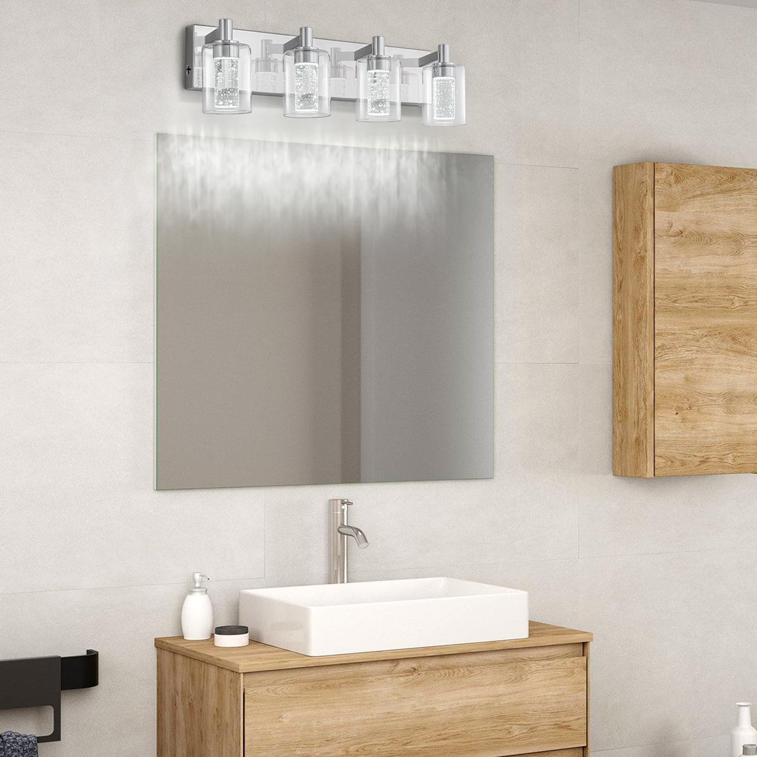 SineRise Vanity Light with 3 Color Modes (3000K/4000K/6000K), Eye Protection LED Bathroom Light Fixture, Dimmable Modern Wall Light Over Mirror with Clear Glass Shade (Chrome, 4-Light)