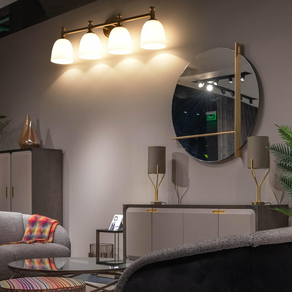 Gold Bathroom Vanity Light, 4-Light Bathroom Light Fixtures Over Mirror, Traditional Vanity Lights for Living Room, Milk White Bell Glass Shades, Standard E26 Base, Aged Brass