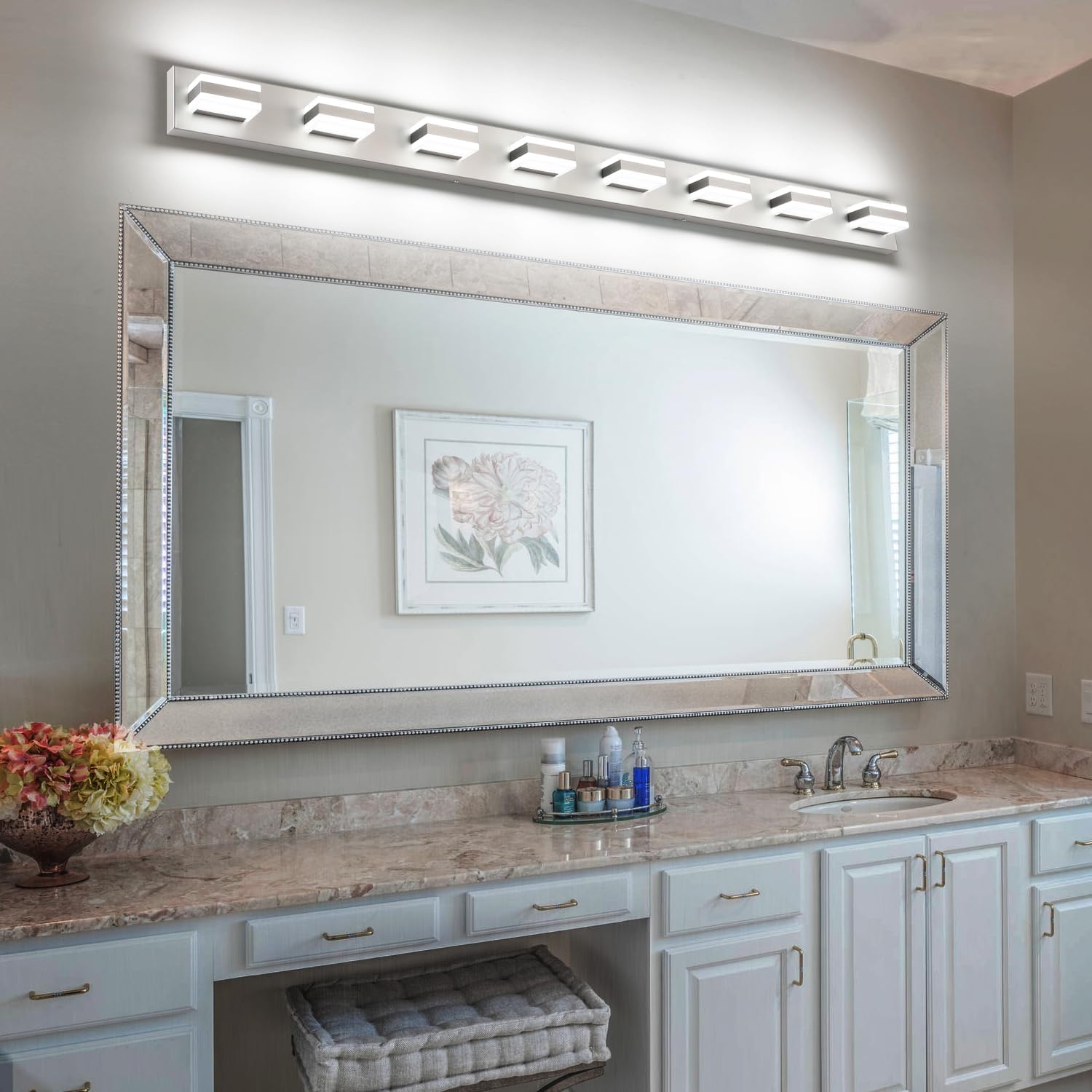 SOLFART Bathroom Light Fixtures Brushed Nickel Vanity Lights for Bathroom Above Mirror, 8 Light Led Lighting Fixture, Nickel Vanity Light, 61 Inch Vanity Light Over Mirror
