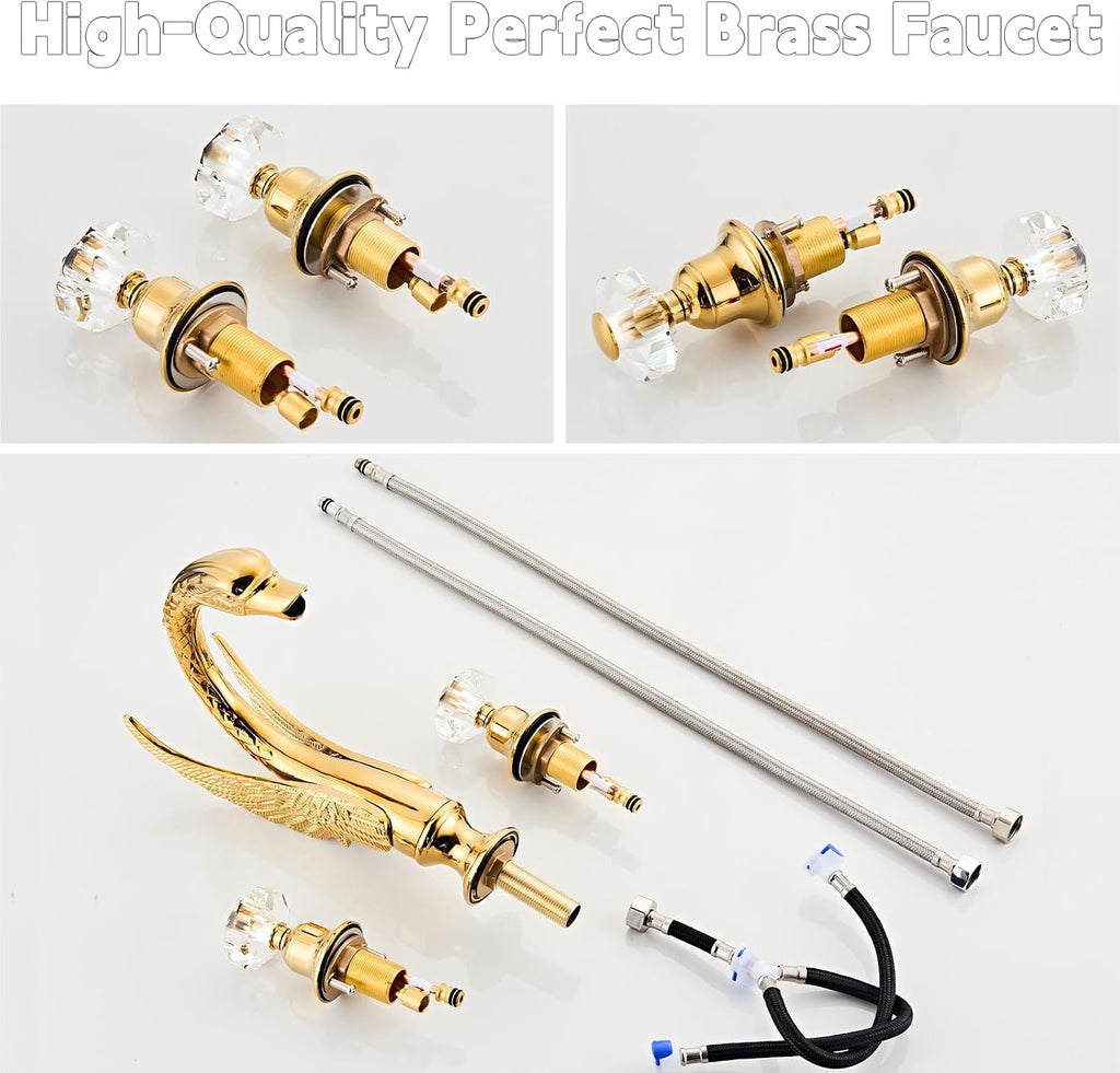 Golden Ornate Swan Style Bathroom Sink Faucet Combo Deck Mount Sink Mixer Tap Set Hot Cold Water