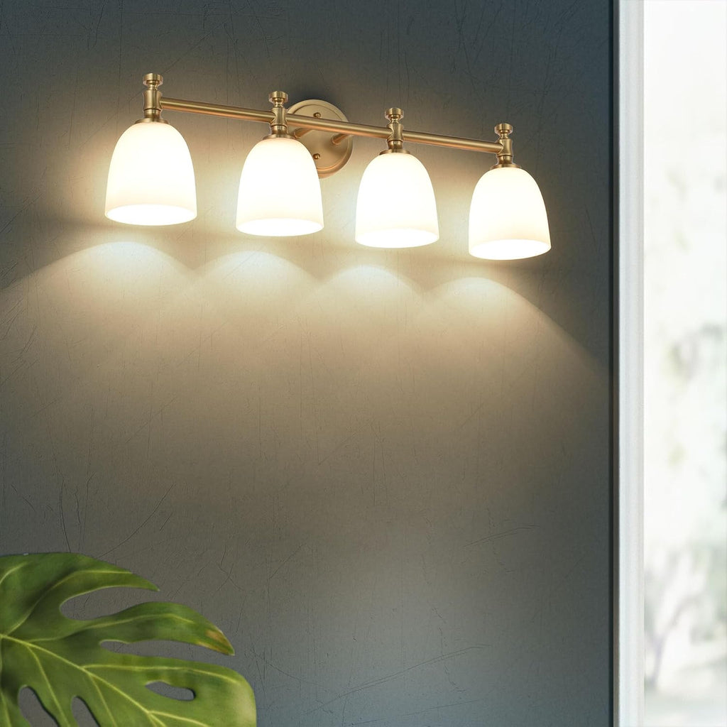 Gold Bathroom Vanity Light, 4-Light Bathroom Light Fixtures Over Mirror, Traditional Vanity Lights for Living Room, Milk White Bell Glass Shades, Standard E26 Base, Aged Brass