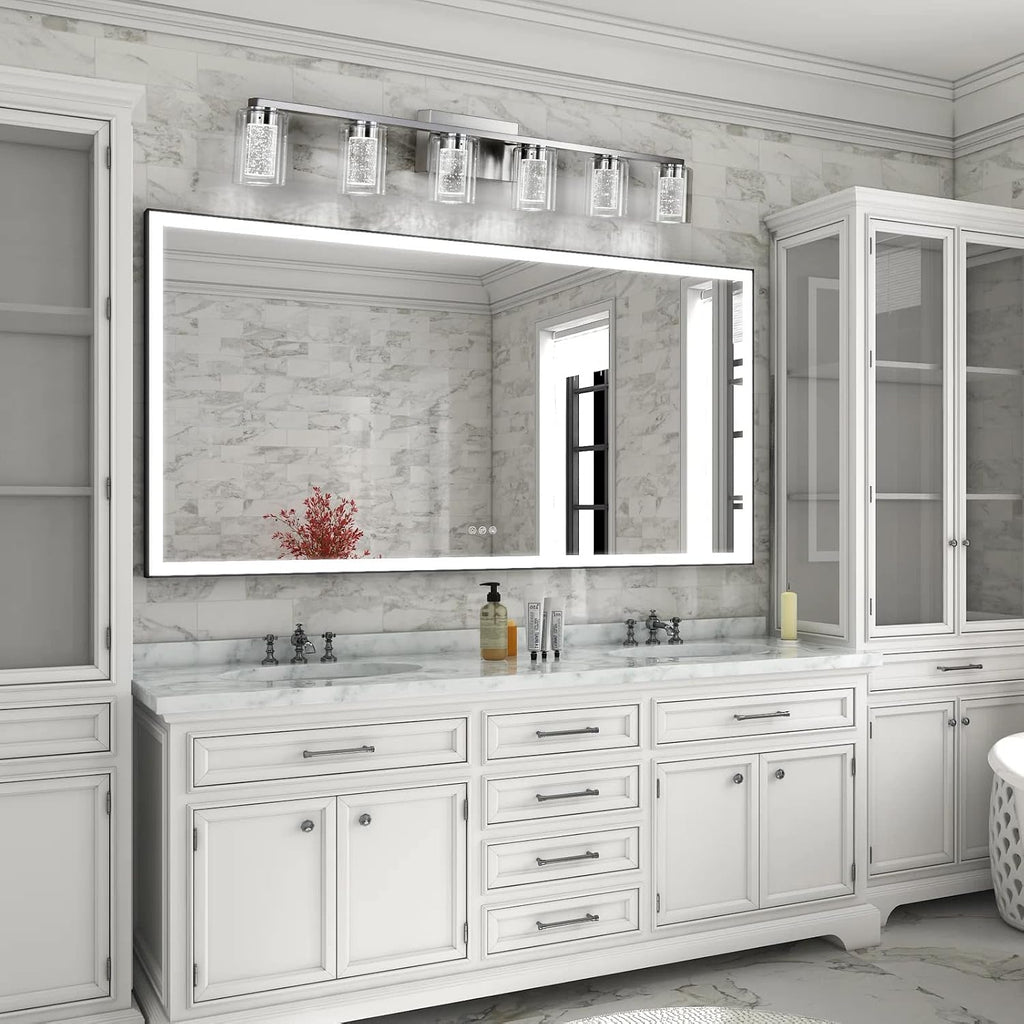 Brushed Nickel 6-Light Vanity Fixtures, Crystal Bubble Glass LED Sconces - Dimmable 3-Color (White/Neutral/Warm) for Bathroom, Hallway, Living Room