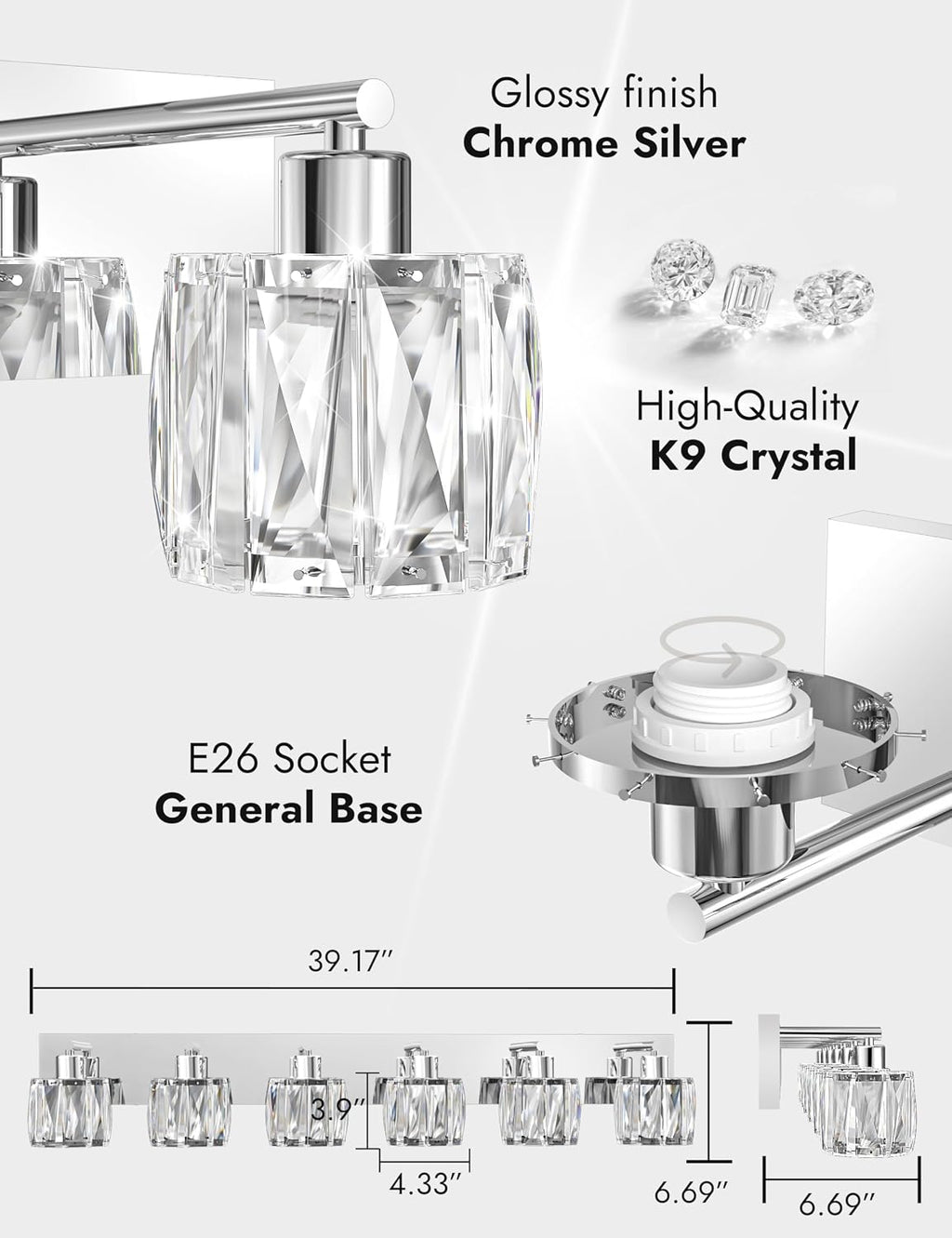 VOLISUN Crystal Vanity Lights for Bathroom, 6 Light Modern Stainless Steel Bathroom Light Fixtures Over Mirror, Chrome Bathrooms Lights Fixtures - UL Certificated (Exclude Bulb)