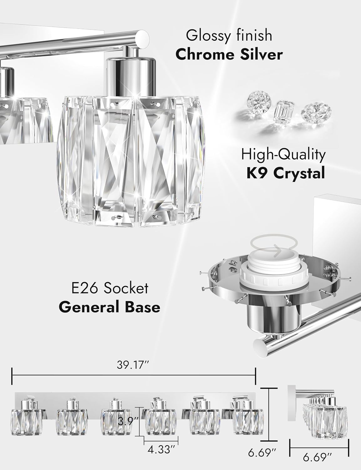 VOLISUN Crystal Vanity Lights for Bathroom, 6 Light Modern Stainless Steel Bathroom Light Fixtures Over Mirror, Chrome Bathrooms Lights Fixtures - UL Certificated (Exclude Bulb)