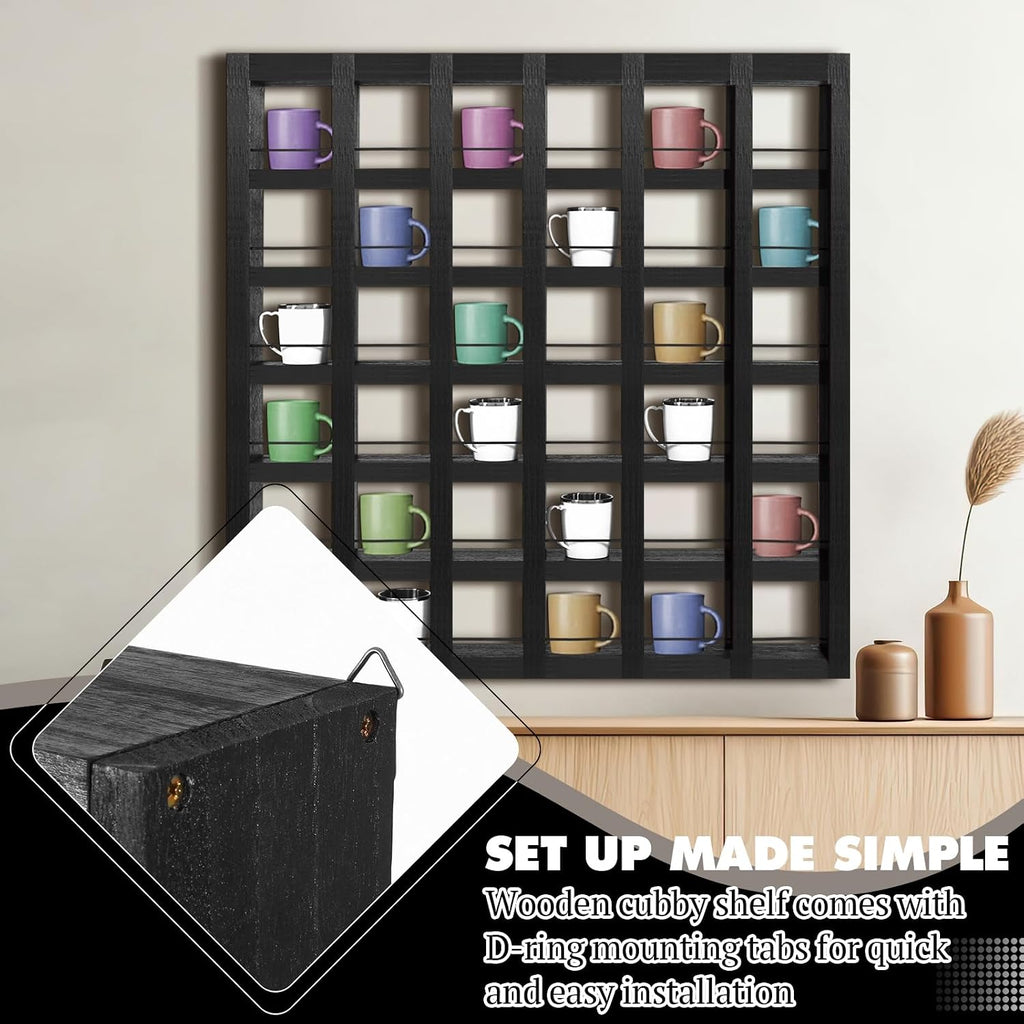 Kigley Oversize Coffee Mug Display Rack Wooden Shelves Rustic Shot Glass Display Case Travel Mug Shelf Wall Mounted Rack Holder Shadow Box (6 x 6,Black)
