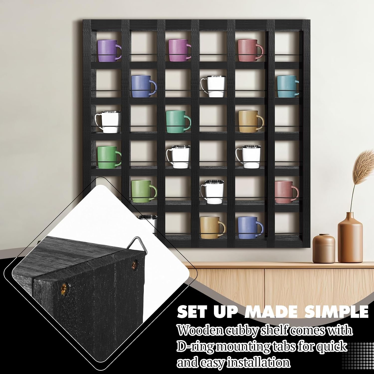 Kigley Oversize Coffee Mug Display Rack Wooden Shelves Rustic Shot Glass Display Case Travel Mug Shelf Wall Mounted Rack Holder Shadow Box (6 x 6,Black)