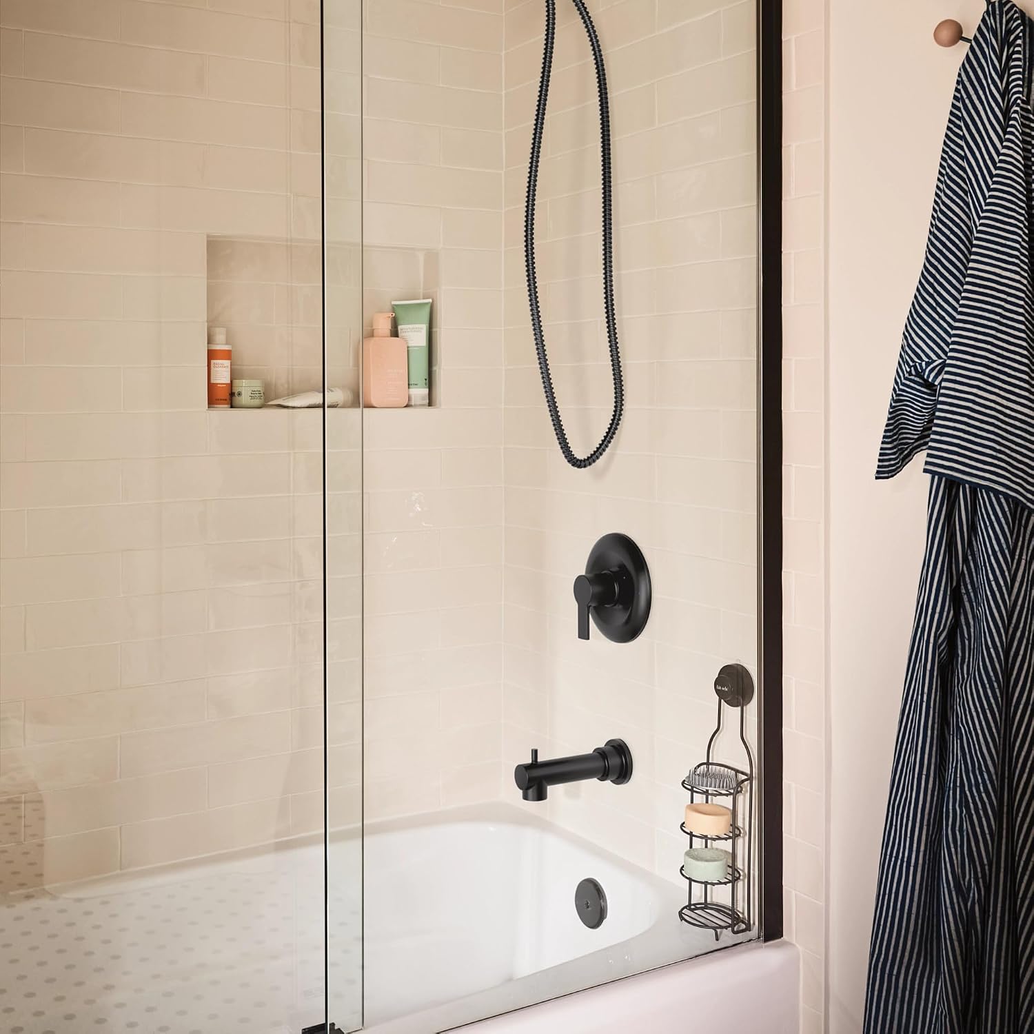 Moen Meena Matte Black Single Handle Modern Shower Faucet Set with Handshower and Tub Spout for Bathtub, Valve Included, 82618BL
