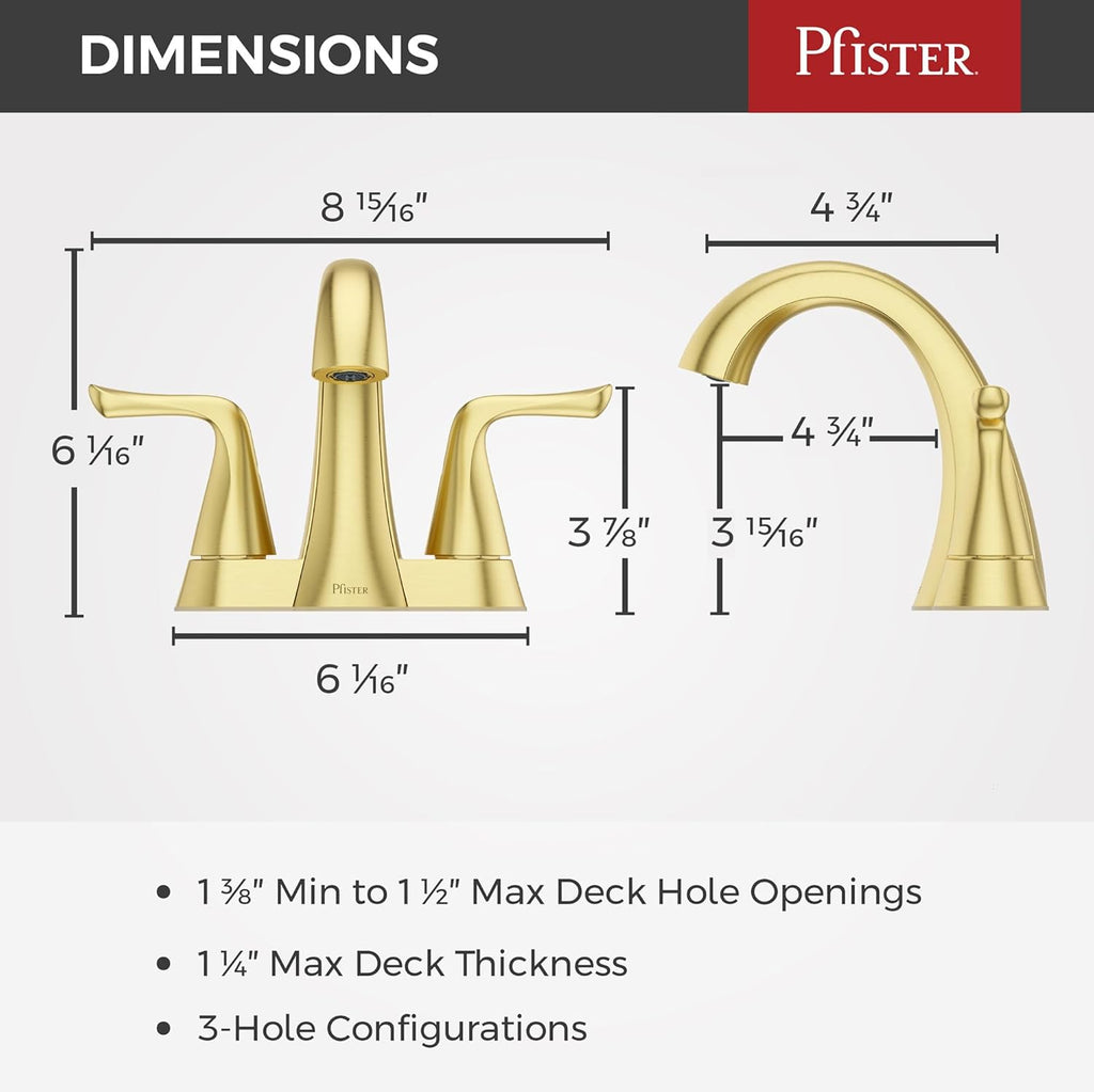 Pfister Willa Bathroom Sink Faucet 4 inch Centerset 2-Handle 3-Hole Vanity Faucet NSF Certified Brushed Gold Finish with Push & Seal Drain and TiteSeal Mounting Technology LF048MALBG
