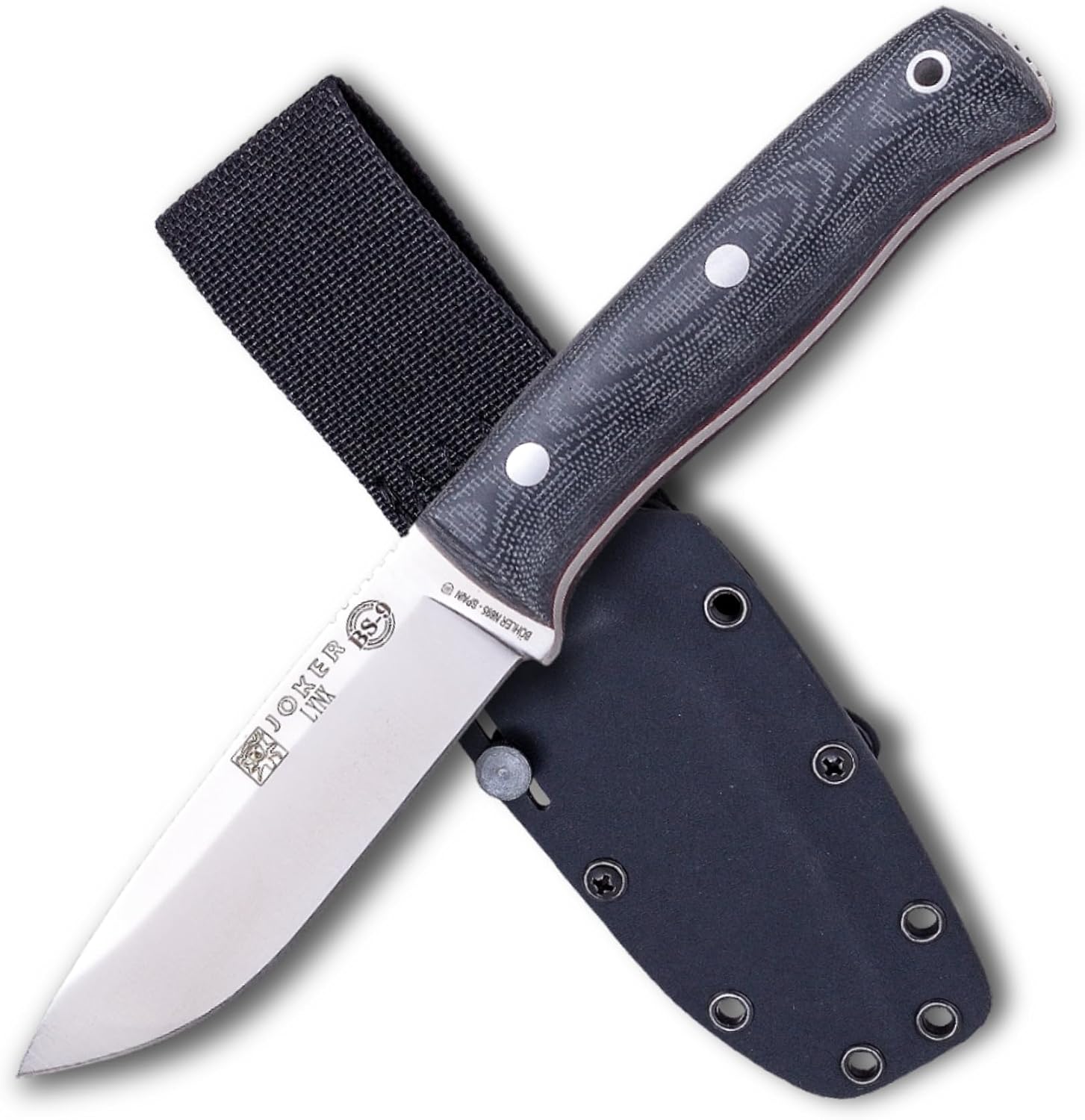 Joker Lynx CM111-K Bushcraft Knife, 4.13 in Bohler N695 Fixed Blade, Canvas Micarta Handle with Red Spacer, Kydex Sheath, Camp Craft Knife for Camping, Hiking, Hunting and Survival