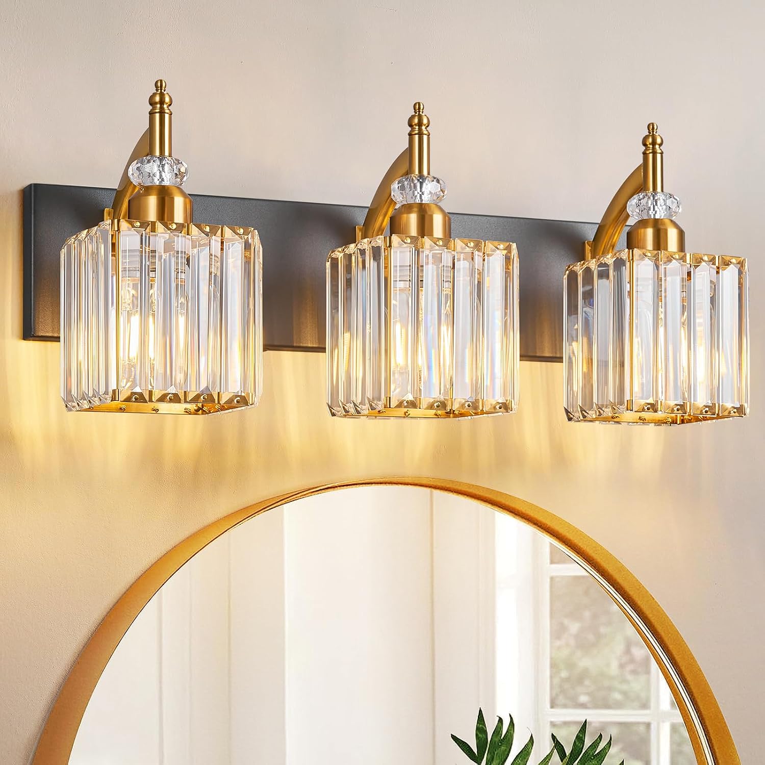 Modern Bathroom Vanity Light 3-Light Black and Gold Crystal Light Fixtures Over Mirror for Bathroom Wall Sconce