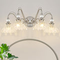 Brushed Nickel Bathroom Vanity Light, 4-Light Nickel Finish Wall Sconce with Hanging Crystal Accents and Flower-Shaped Clear Glass Shades, Modern Wall Mount Vanity Light Over Mirror for Bathroom