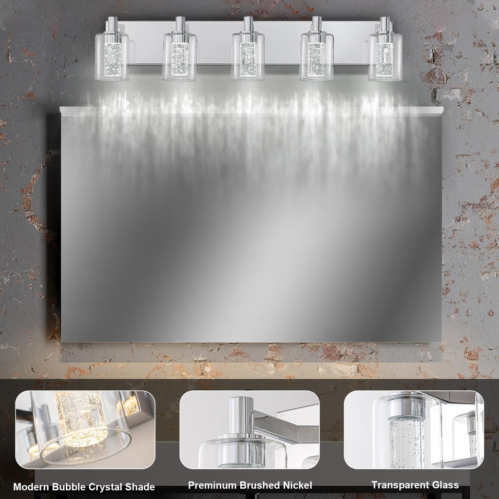 SineRise Vanity Light with 3 Color Modes (3000K/4000K/6000K), Eye Protection LED Bathroom Light Fixture, Dimmable Modern Wall Light Over Mirror with Clear Glass Shade (Chrome, 5-Light)
