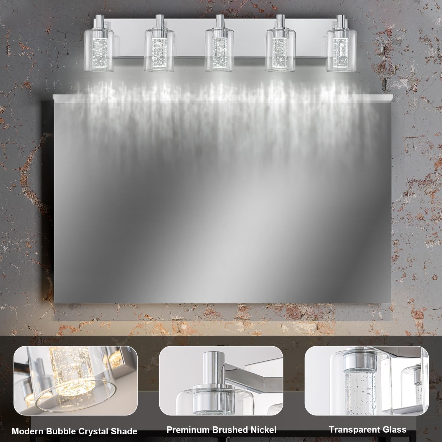 SineRise Vanity Light with 3 Color Modes (3000K/4000K/6000K), Eye Protection LED Bathroom Light Fixture, Dimmable Modern Wall Light Over Mirror with Clear Glass Shade (Chrome, 5-Light)