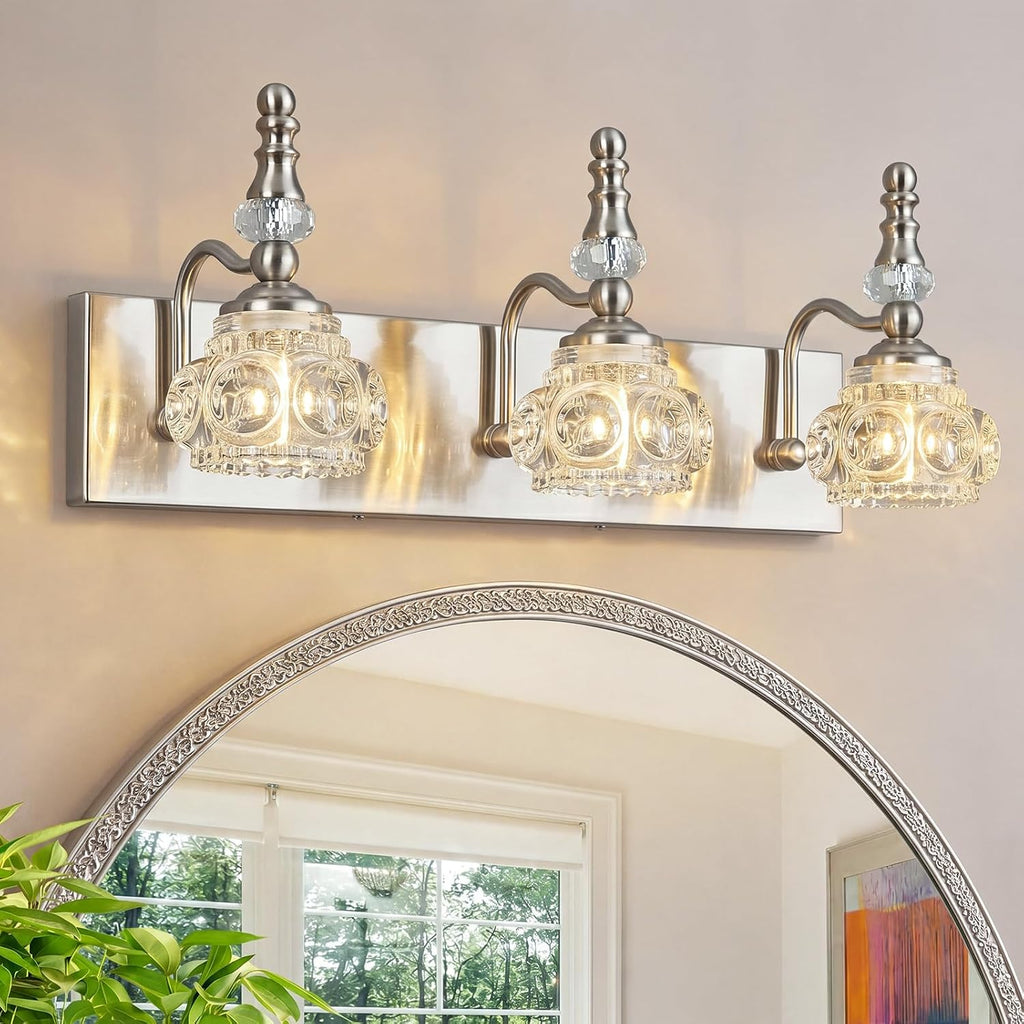 Modern Glass Crystal Vanity Light - Vintage Bathroom Lighting Fixtures Over Mirror, 3 Light Vanity Lights G9 Bulb (19.68 Inch, Nickel)