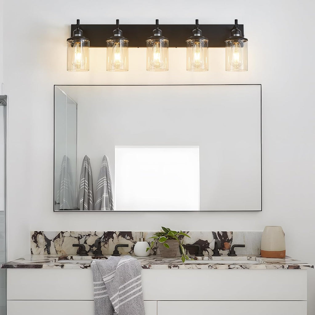 Lanhall 5-Light Black Bathroom Light Fixture Over Mirror Modern Farmhouse Bathroom Vanity Light Vintage Wall Lighting with Clear Glass Shade for Bathroom, Bedroom, Hallway, Cabinet