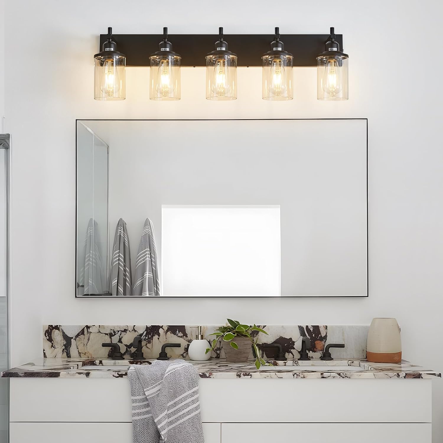 Lanhall 5-Light Black Bathroom Light Fixture Over Mirror Modern Farmhouse Bathroom Vanity Light Vintage Wall Lighting with Clear Glass Shade for Bathroom, Bedroom, Hallway, Cabinet