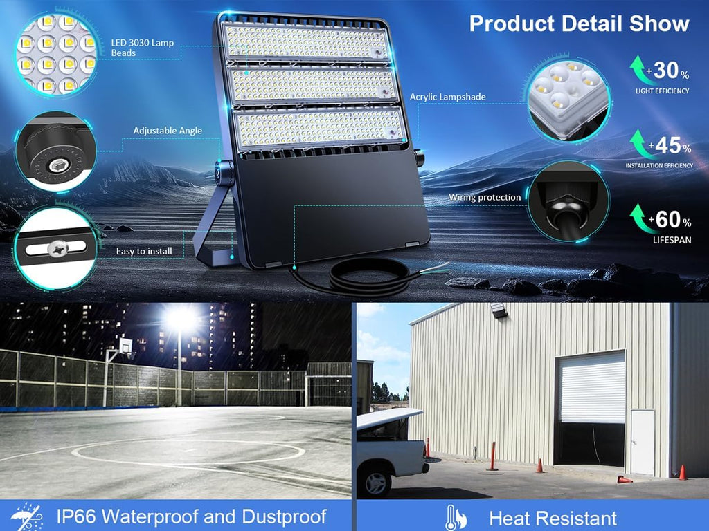 Outdoor LED Stadium Flood Lights 2400W Equivalent Super Bright 52200LM Wall Mount 360W Parking lot Commercial Lighting for Basketball Court, Arena, Barn 5500K 85-277V Waterproof Yard lamp