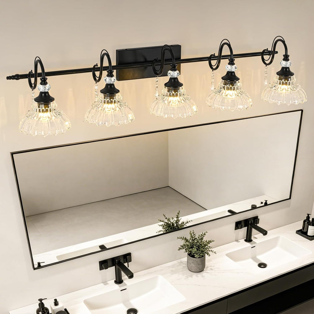 Black Bathroom Vanity Light, 5-Light Matte Black Finish Farmhouse Wall Sconce with Hanging Crystal Accent and Flower-Shaped Clear Glass Shade, Wall Mount Vanity Light Over Mirror for Bathroom