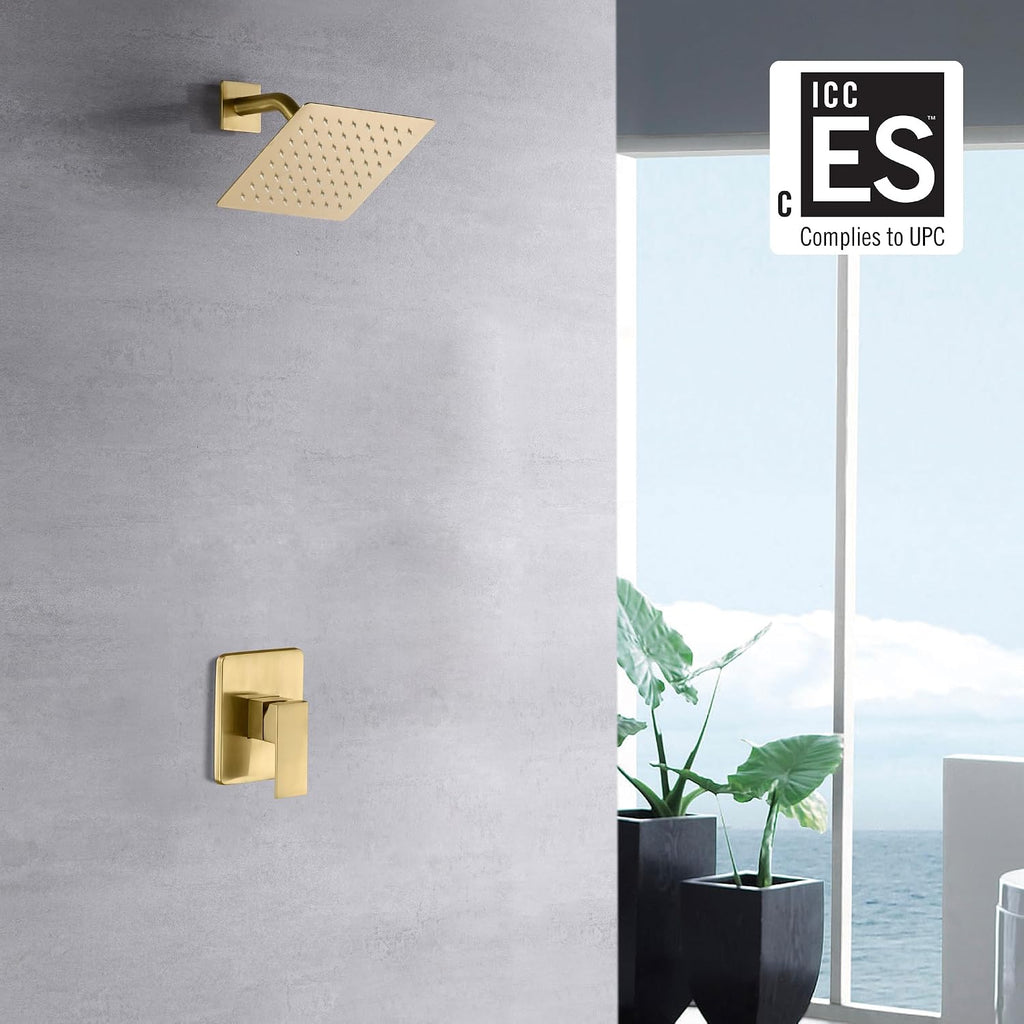 sumerain Pressure Balance Shower Faucet Brushed Gold Finish, 8' Square Rainfall Shower Head Including Rough-In Valve Body and Trim
