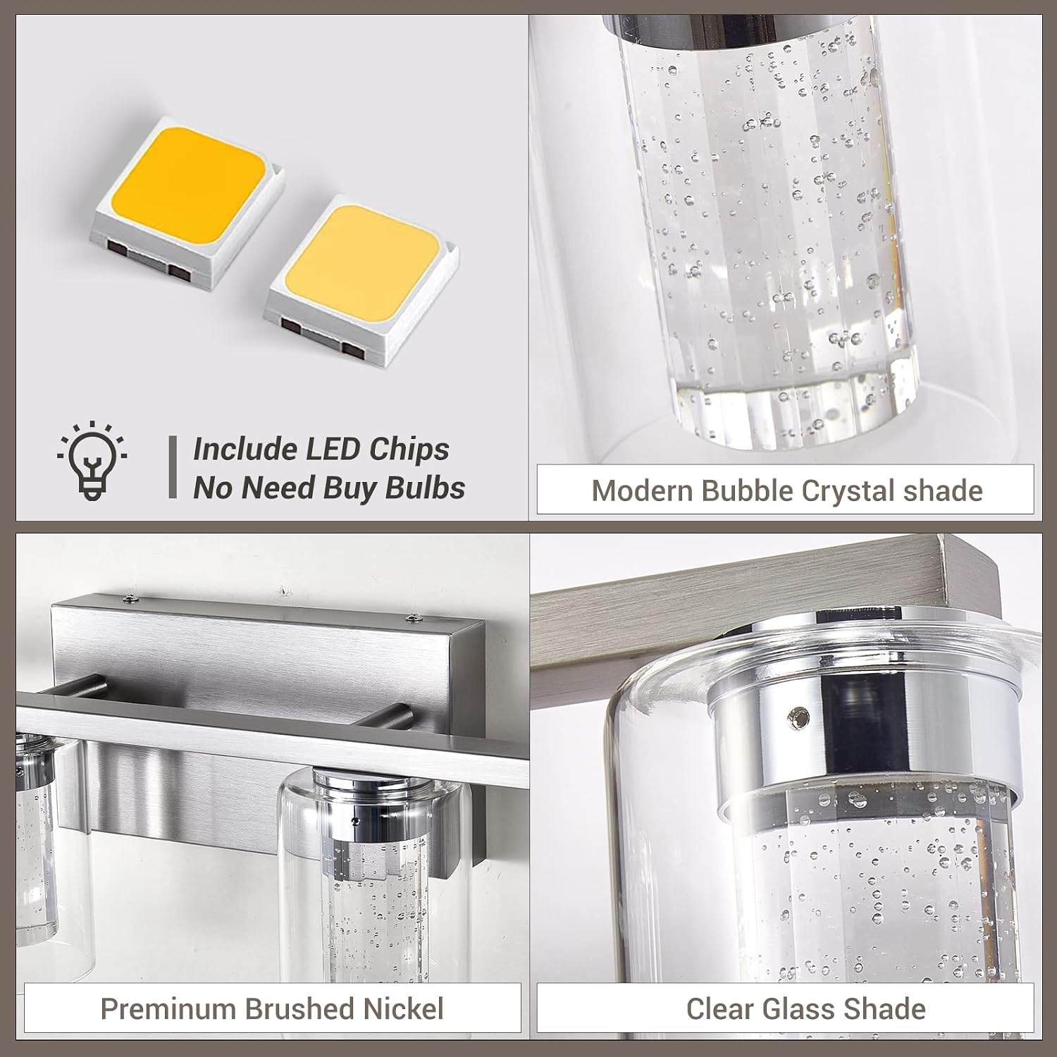 Brushed Nickel 6-Light Vanity Fixtures, Crystal Bubble Glass LED Sconces - Dimmable 3-Color (White/Neutral/Warm) for Bathroom, Hallway, Living Room