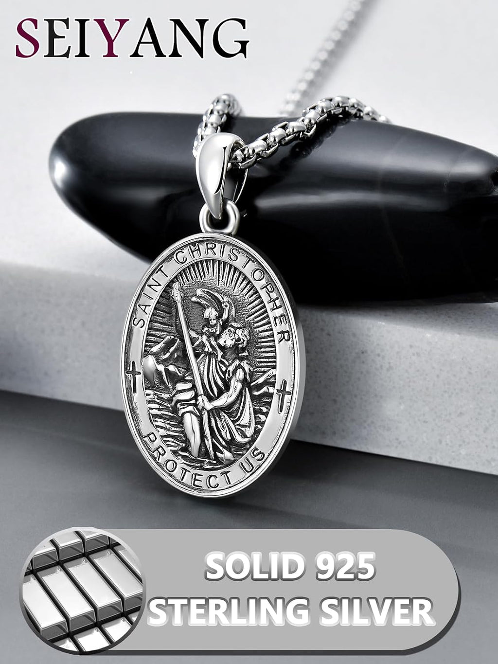 Seiyang St Christopher Medal for Men 925 Sterling Silver Round & Oval St Christopher Pendant Mens Double Sided Saint Christopher Medallion Necklace Protection Jewelry Religious Gifts for Men Women