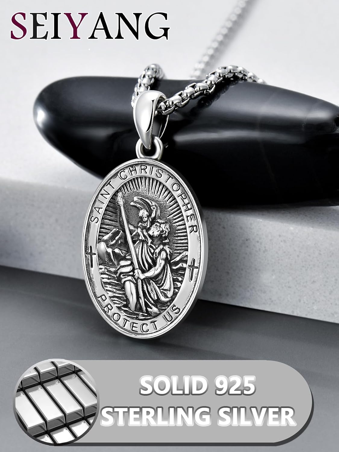 Seiyang St Christopher Medal for Men 925 Sterling Silver Round & Oval St Christopher Pendant Mens Double Sided Saint Christopher Medallion Necklace Protection Jewelry Religious Gifts for Men Women