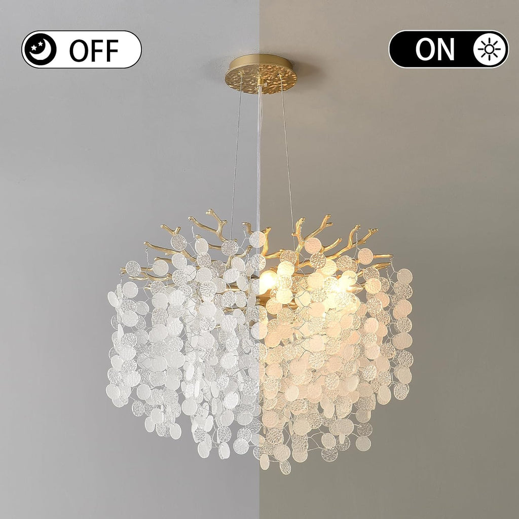 18-Inch Coastal Chandelier, 6-Light Gold Tree Branch Chandelier, Modern Foyer Bedroom Chandeliers with Adjustable Height, Round Crystal Pendant Light Fixtures for Entryway Dining Room, E12