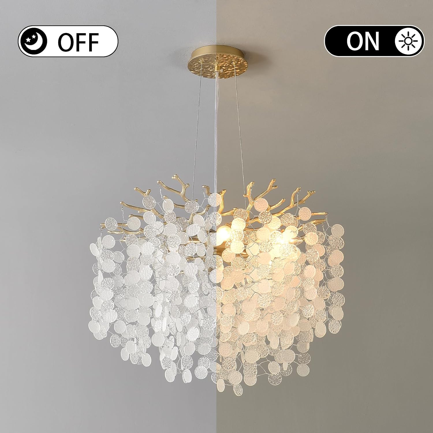 18-Inch Coastal Chandelier, 6-Light Gold Tree Branch Chandelier, Modern Foyer Bedroom Chandeliers with Adjustable Height, Round Crystal Pendant Light Fixtures for Entryway Dining Room, E12