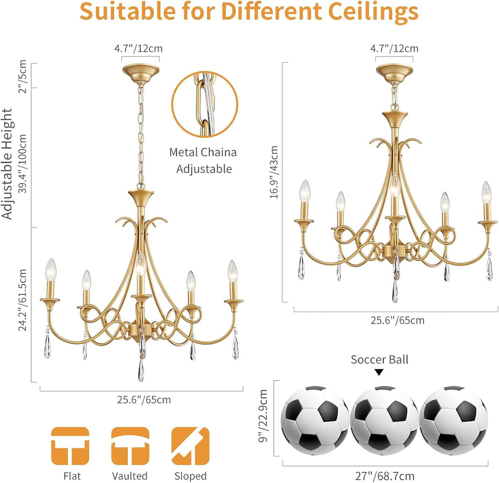 5-Light Farmhouse Chandeliers for Dining Room Lighting Fixtures Hanging, Rustic Gold Candle Modern Chandelier Vintage Hanging Ceiling Lamp for Bedroom Kitchen Island Living Room Entryway Foyer, Gold