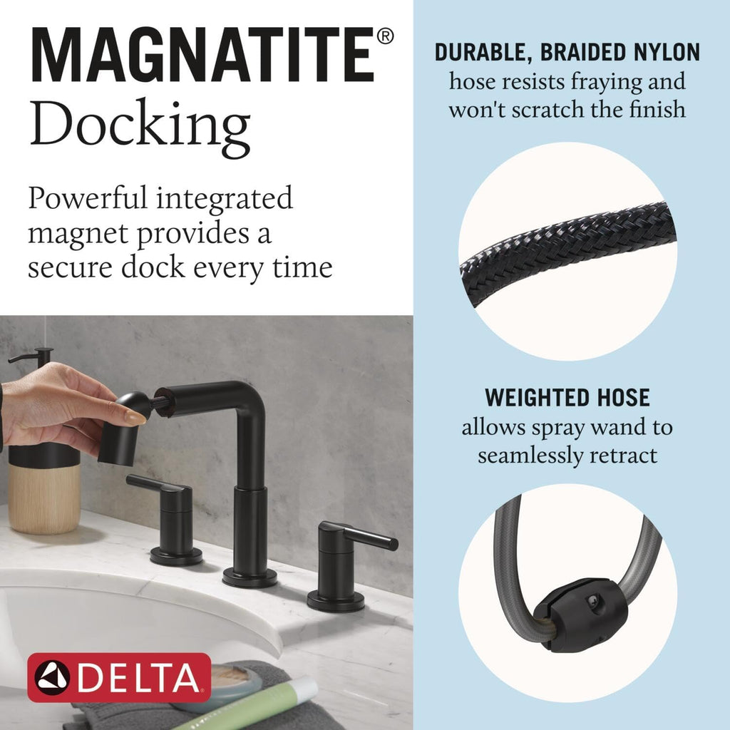 Delta Nicoli Matte Black Bathroom Faucet with Sprayer, 8 Inch 3 Hole Widespread Bathroom Sink Faucet with Pull Out Sprayer, Push-Pop Drain, Matte Black 35849LF-BLPD.
