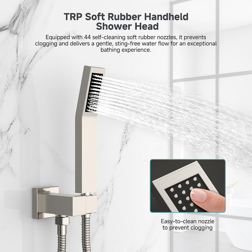 SR SUN RISE Shower Faucet Set & System - 12 Inch Rainfall Shower Head & Handle Set Wall Mounted Brushed Nickel Solid Brass Valve Trim Kit Included