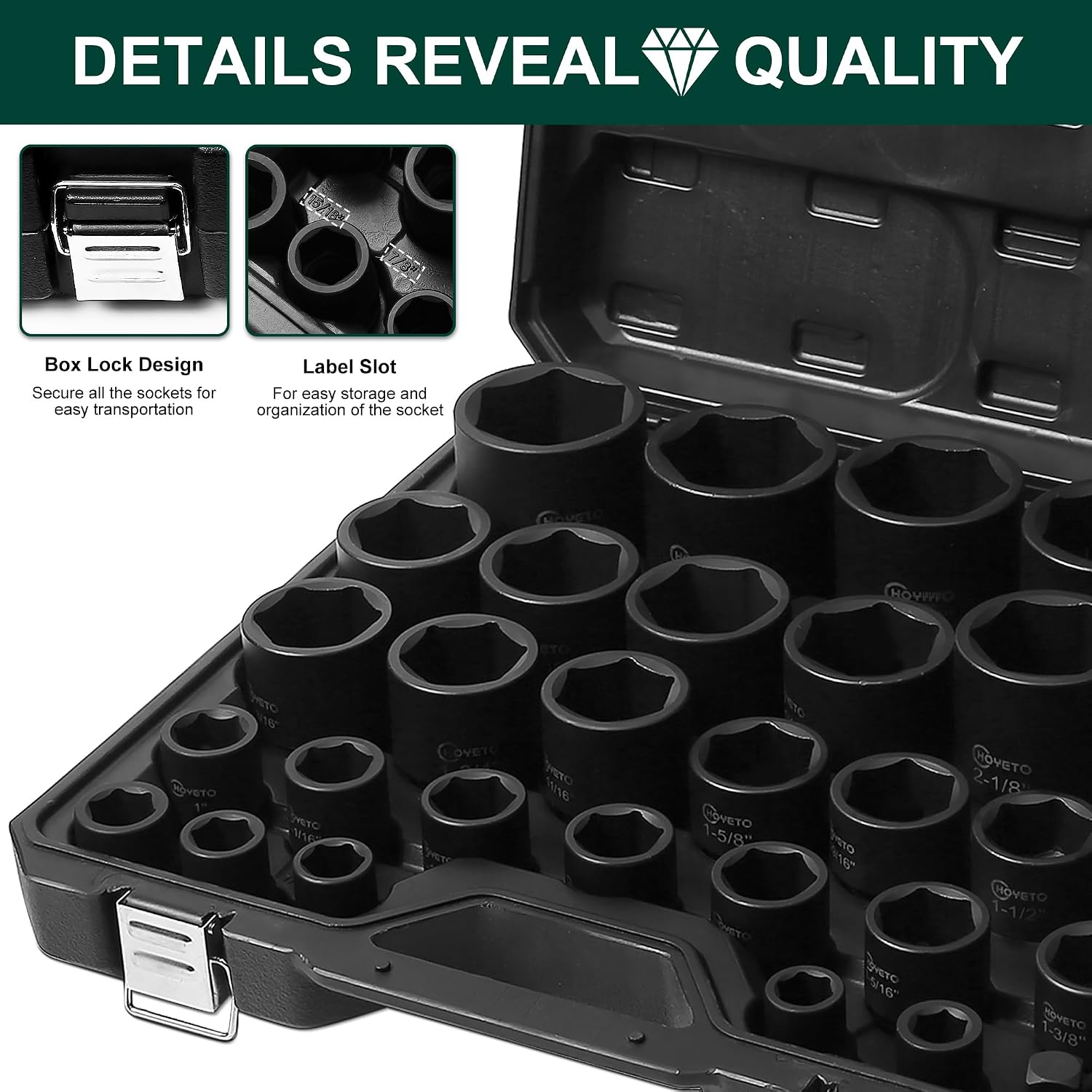 3/4' Drive Impact Socket Set, 31 Piece SAE 11/16' to 2-1/2', 6-Point Sockets Cr-Mo Alloy Steel for Auto Repair Rugged Construction, Storage Case
