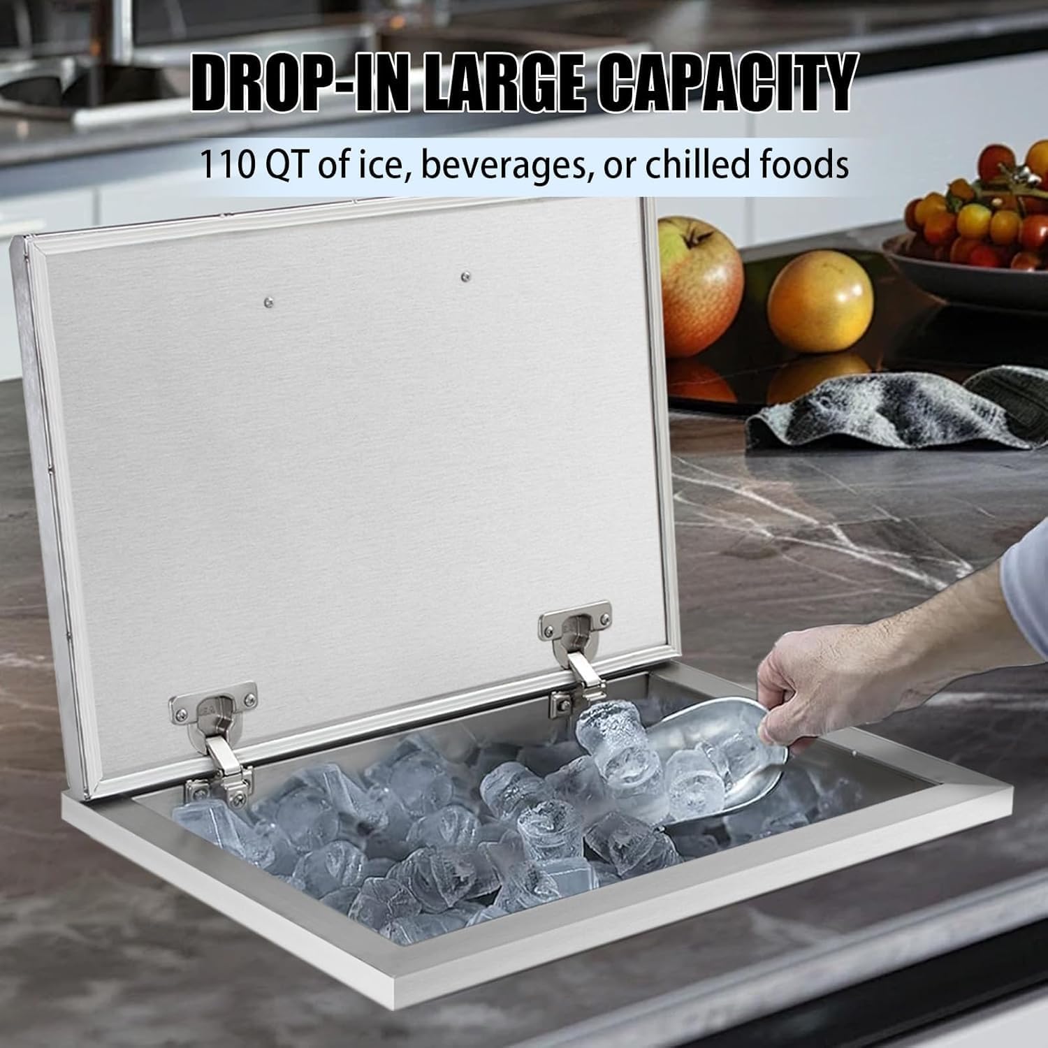 Drop in Ice Chest, Outdoor Kitchen Ice Bar Stainless Steel Ice Cooler, Commercial Ice Bin with Hinged Cover, Ice Bucket, for Cold Wine Beer