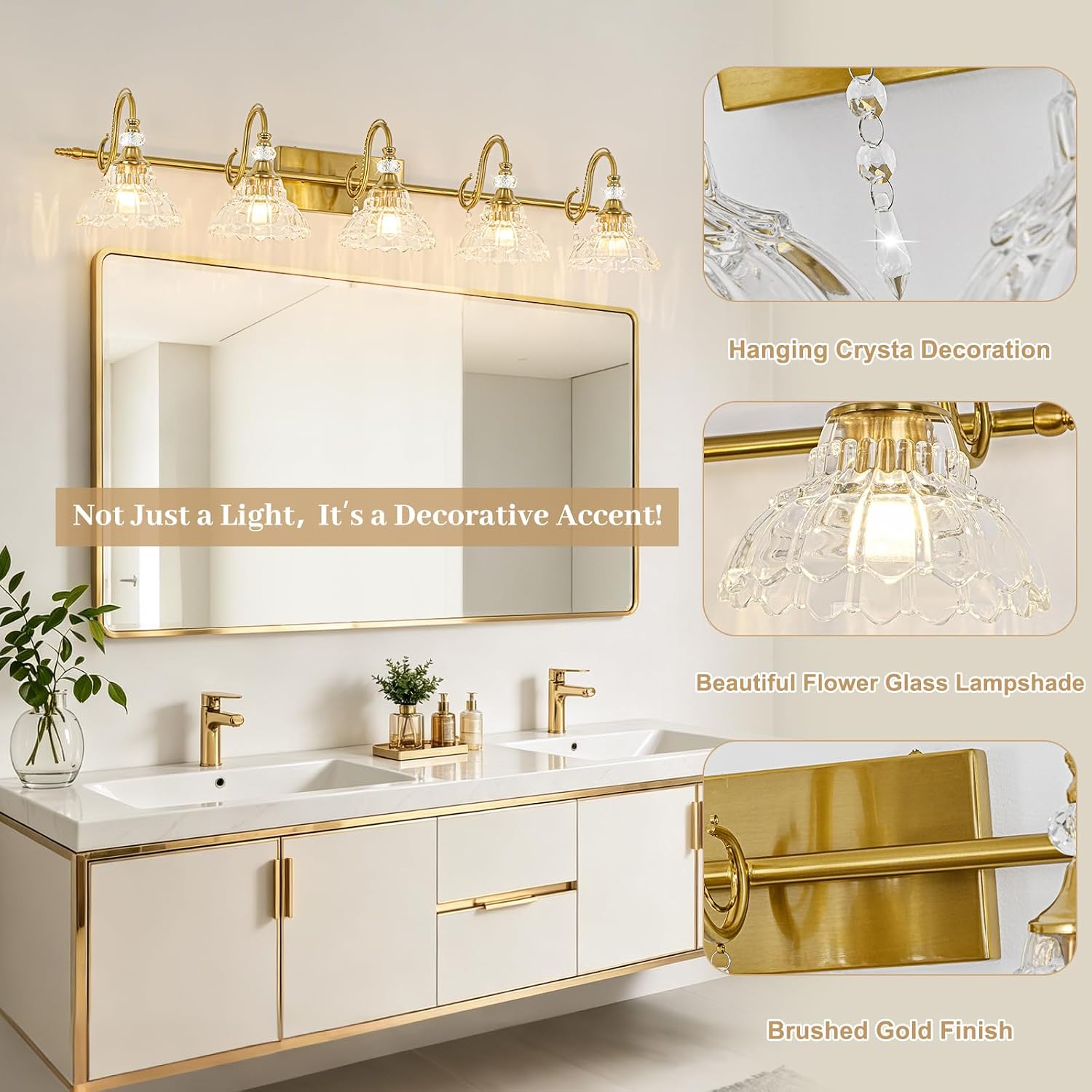 Vintage Bathroom Vanity Light, 5-Light Brushed Gold Finish Wall Sconce with Hanging Crystal Accents and Flower-Shaped Clear Glass Shades, Retro Wall Mount Vanity Light Over Mirror for Bathroom