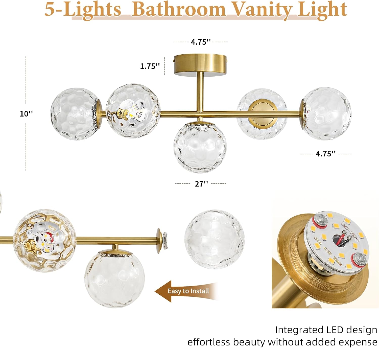 LED Bathroom Vanity Light Fixtures: 3000K Modern Gold Brush Brass 5 Lights Wall Sconce - 20W Dimmable Midcentury Vanity Light with Hammered Clear Globe Bubble Glass Shade for Bathroom Hallway Bedroom