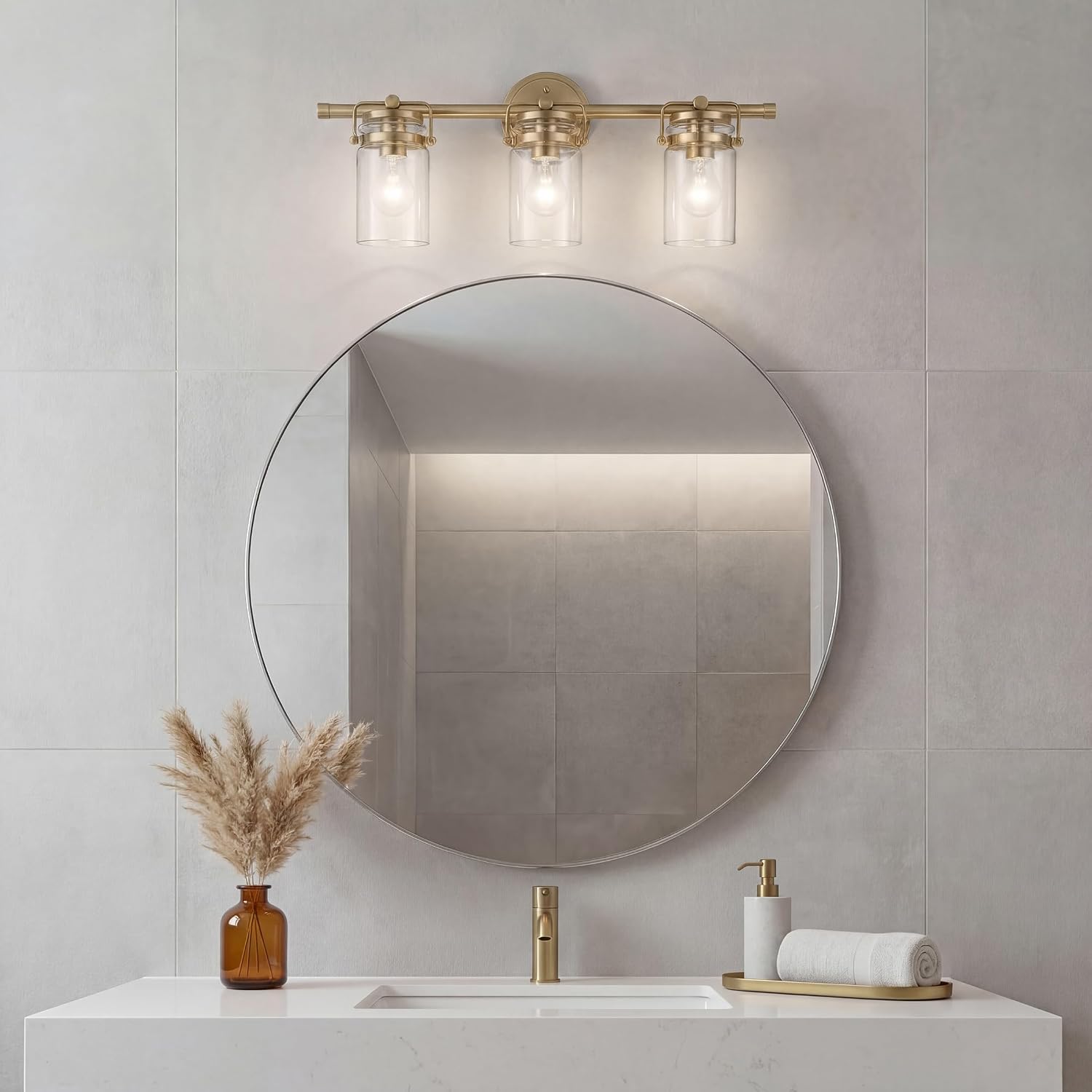 Kichler Brinley 24' 3-Light Bathroom Vanity Light Fixture with Clear Glass in Champagne Bronze, Modern Farmhouse Mason Jar Style for Mirror Lighting (24' W x 10.25' H), 45689CPZ