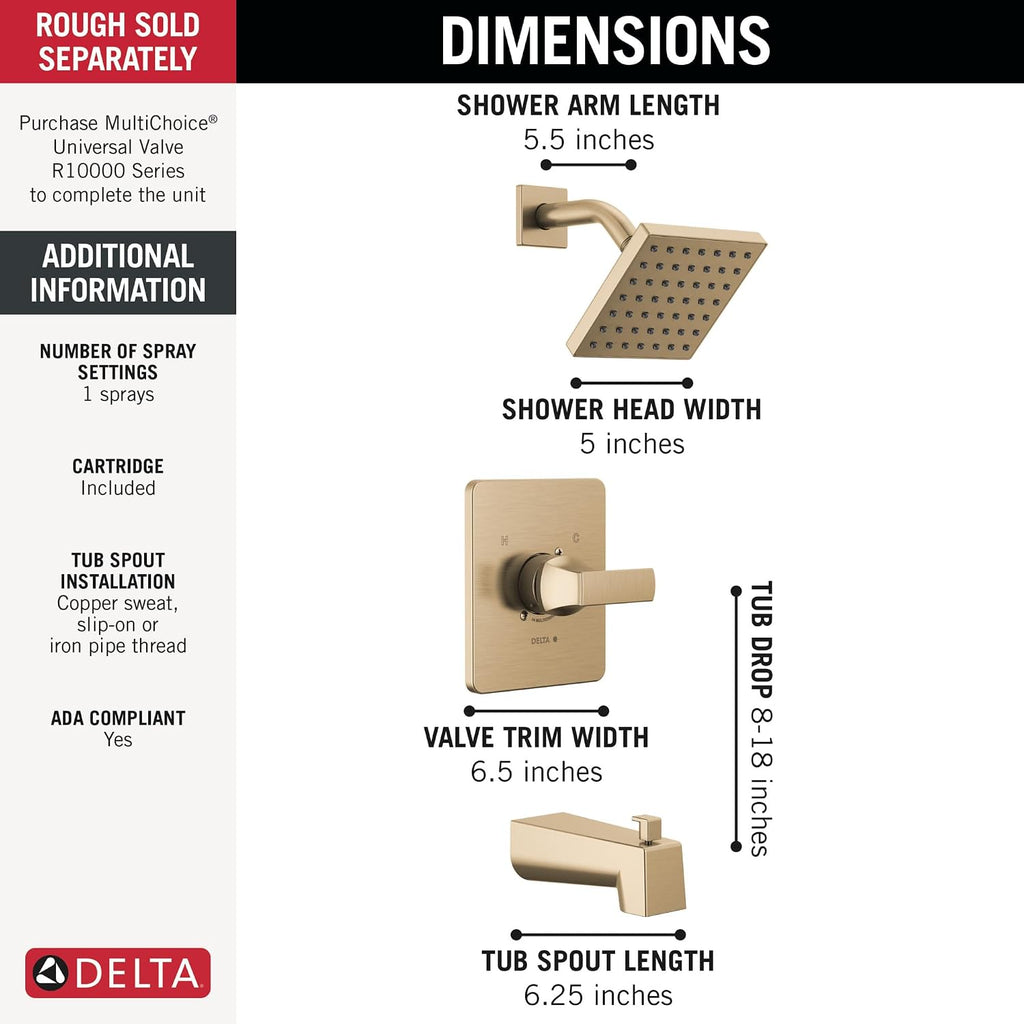 Delta Faucet Velum 14 Series Single-Function Gold Tub and Shower Faucet Set, Valve Trim Kit, Shower Handle, Delta Shower Trim Kit, Shower Set, Champagne Bronze T14437-CZ (Valve Not Included)