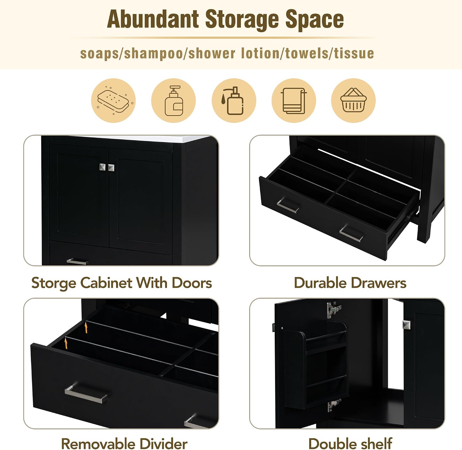Bellemave 30' Bathroom Vanity with Sink Combo Set, Solid Wood Frame Bathroom Storage Cabinet with a Drawer, 2 Soft Closing Cabinet Doors with Organizer, Black