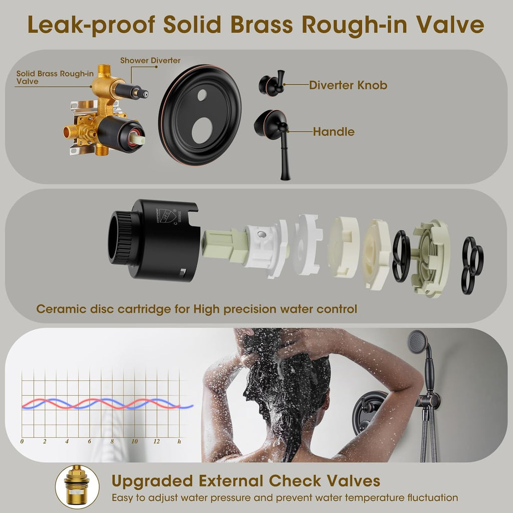 Rain Shower Head with Handheld Spray, Rainfall Shower System with Rough-in Valve, Shower Faucet Set, 9 Inch Luxury Shower Trim Kit Wall Mount, Oil Rubbed Bronze