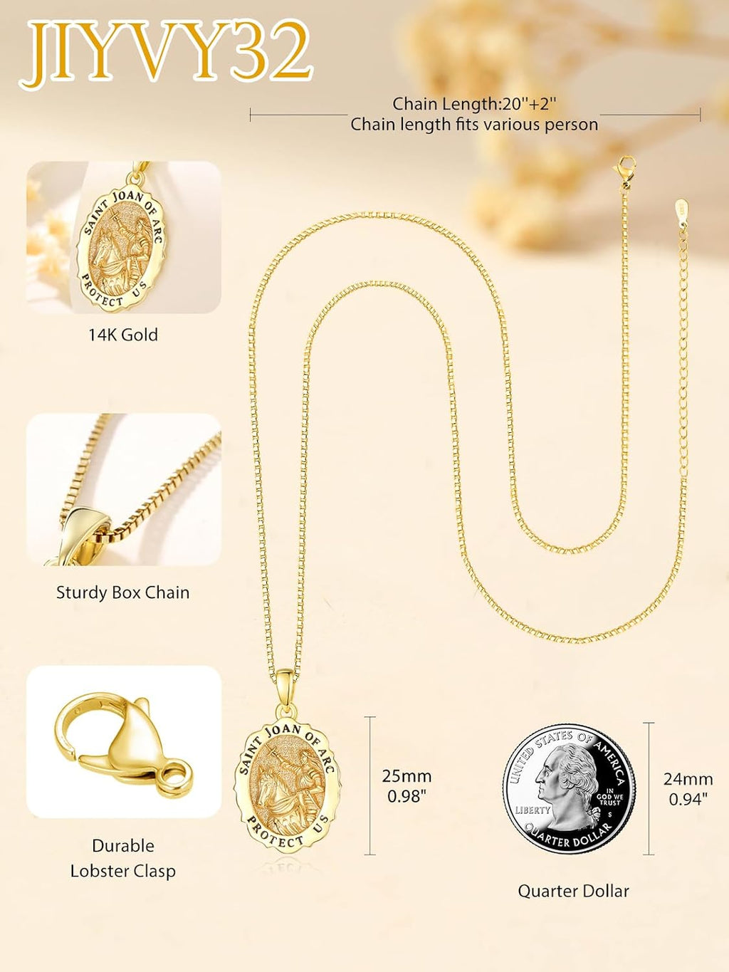 14K Gold Saint Medal Necklace for Women, Catholic Patron Saint Pendant Necklace, Christian Religious Jewelry Gift for Confirmation Baptism Communion Christmas Birthday