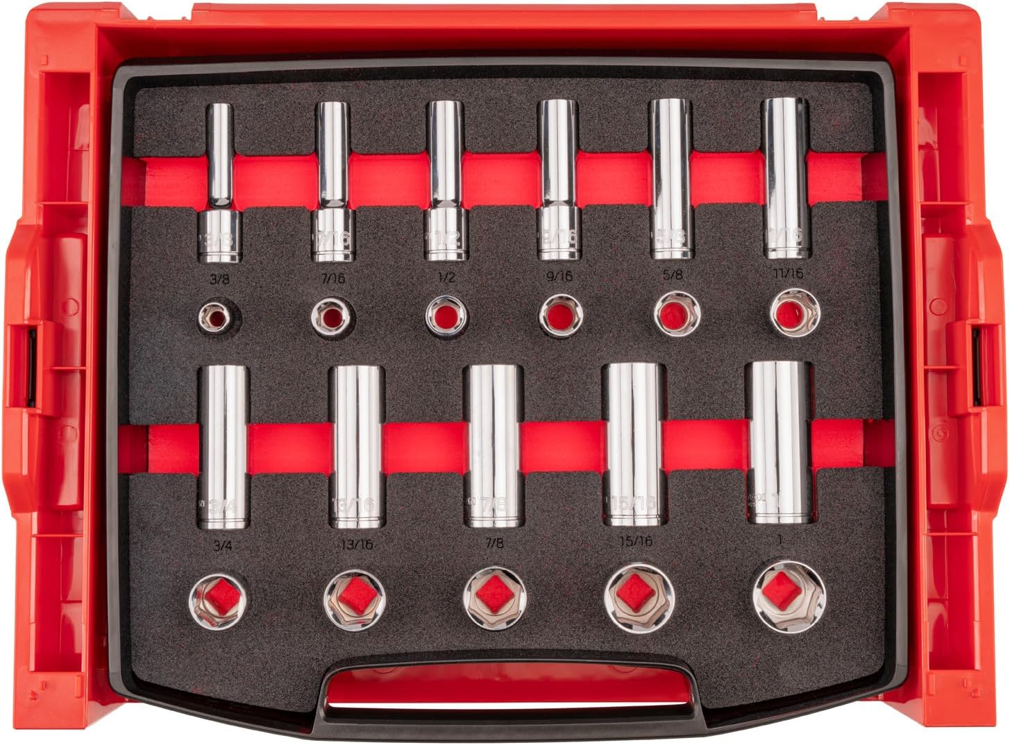 TEKTON 1/2 Inch Drive Shallow and Deep 6-Point Socket Set with Open Top Drawer and Rack, 22-Piece (3/8-1 in.) | SHD92700