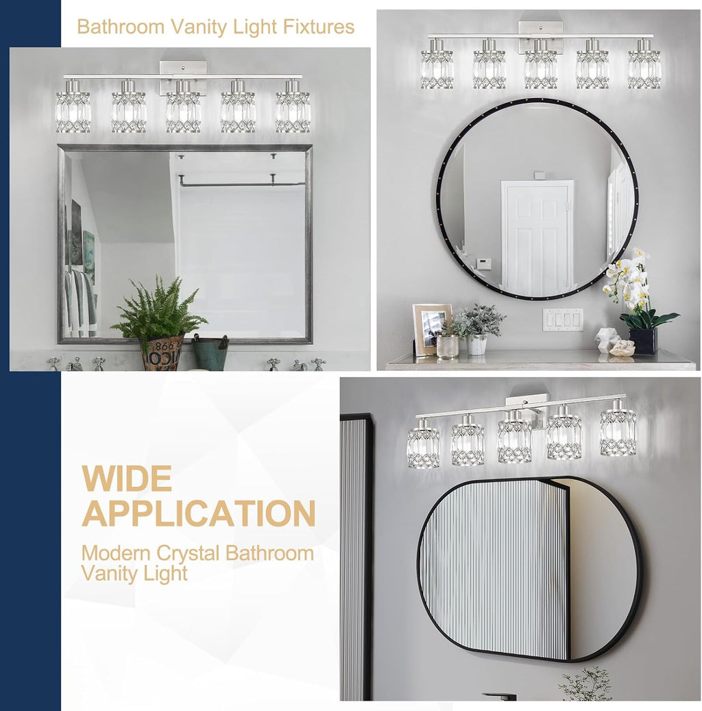 Crystal Modern Bathroom Light Fixtures, 5-Light Brushed Nickel Bathroom Vanity Wall Light, Vanity Lights for Mirror, Restroom, Bedroom (E26 Socket, Bulbs Not Included)