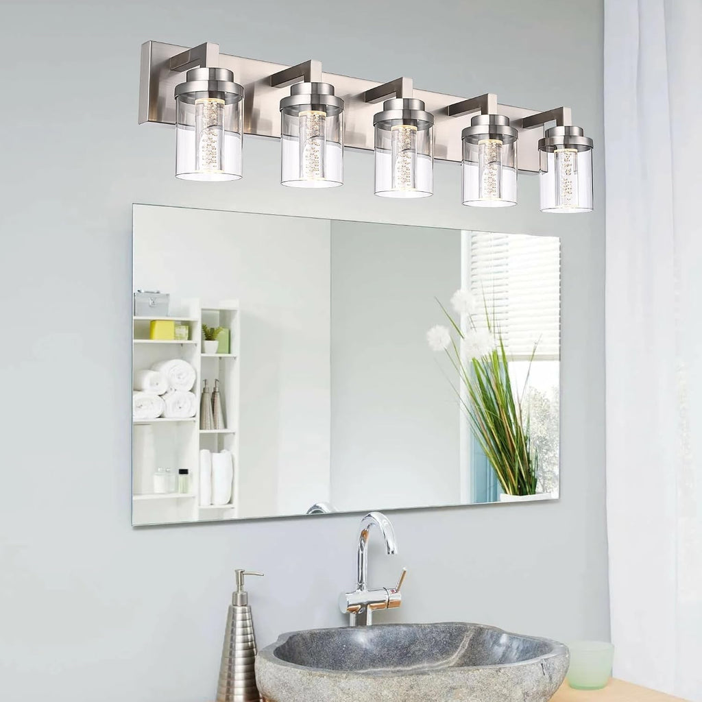 MELUCEE LED Vanity Light Bar 5-Light Bathroom Vanity Light Modern 25W Bath Lamps Over Mirror Brushed Nickel Bathroom Wall Lighting Fixtures with Clear Glass Shade Bubble Crystal Restroom Lighing