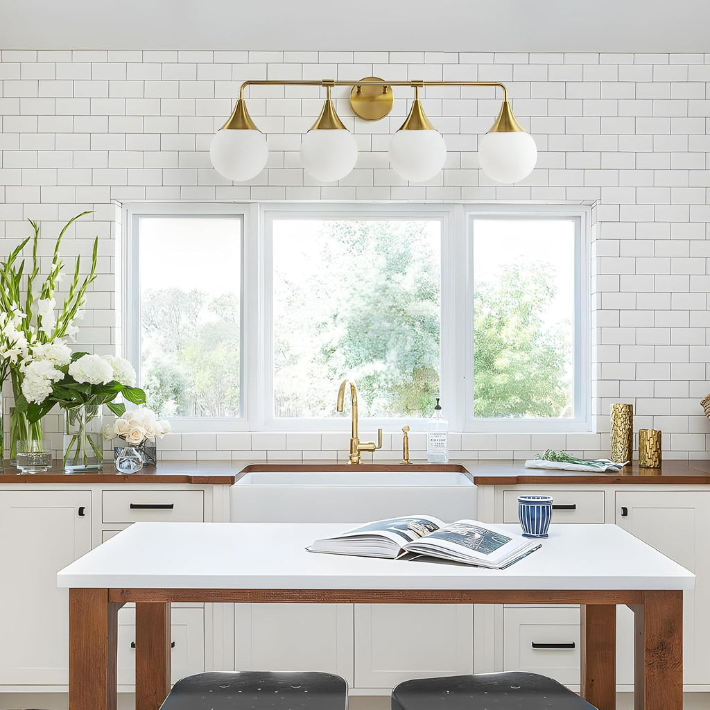 Bathroom Vanity Light Fixtures: 4 Lights Mid Century Modern Bathroom Lighting Fixtures Over Mirrors - Brass Gold Wall Sconce with Milky Glass Ball Shades for Bath Bedroom