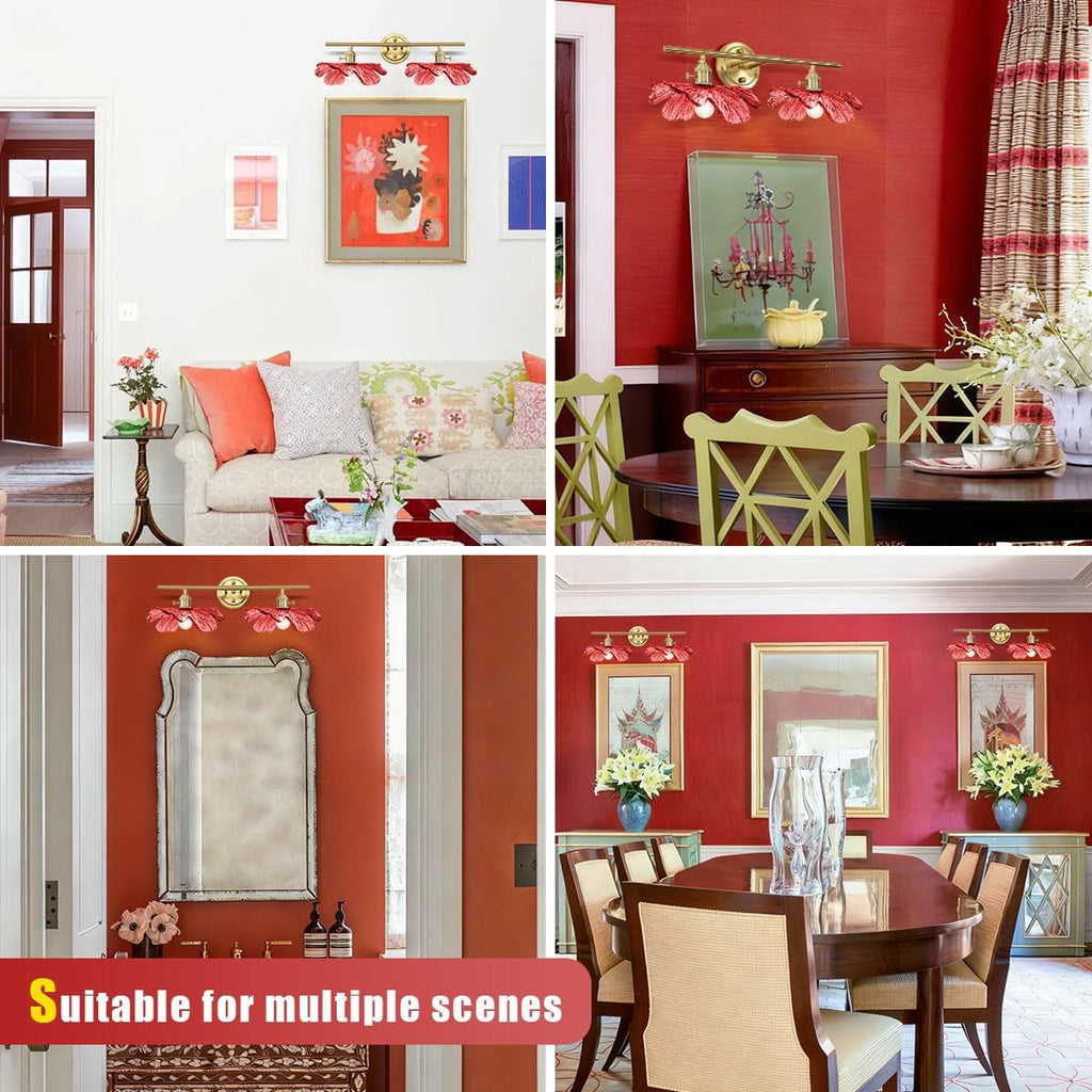 2-Light Red Floral Wall Sconce Mid Century Antique Gold Bathroom Vanity Light with Metal Base, Wall Lighting Fixture Over Mirror for Living Room Bedroom Hallway