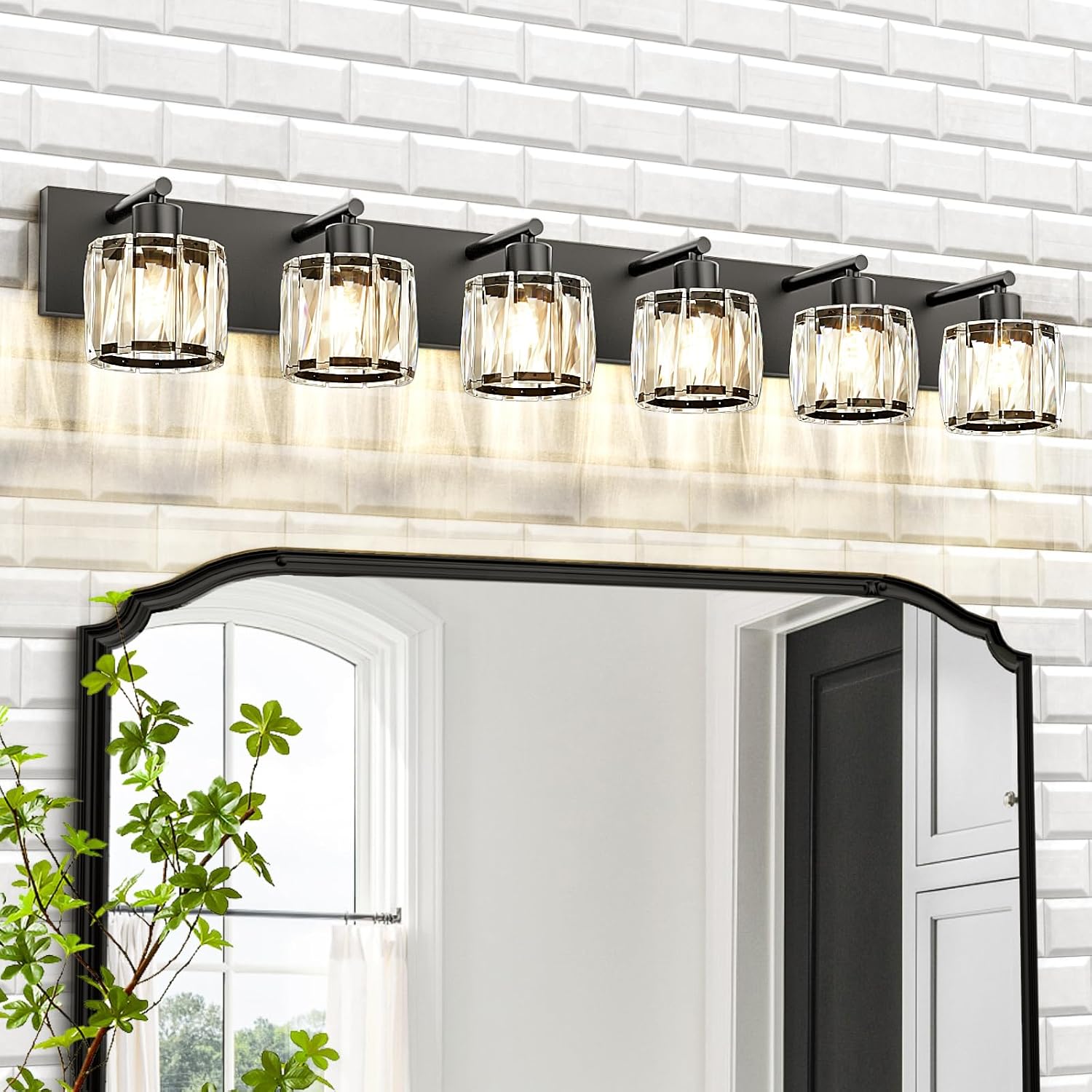 VOLISUN Crystal Vanity Lights for Bathrooms, 6 Light Bathroom Vanity Light, Modern Matte Black Bathroom Light Over Mirror, Black Bathrooms Lights Fixtures-UL Certificated(Exclude Bulb)