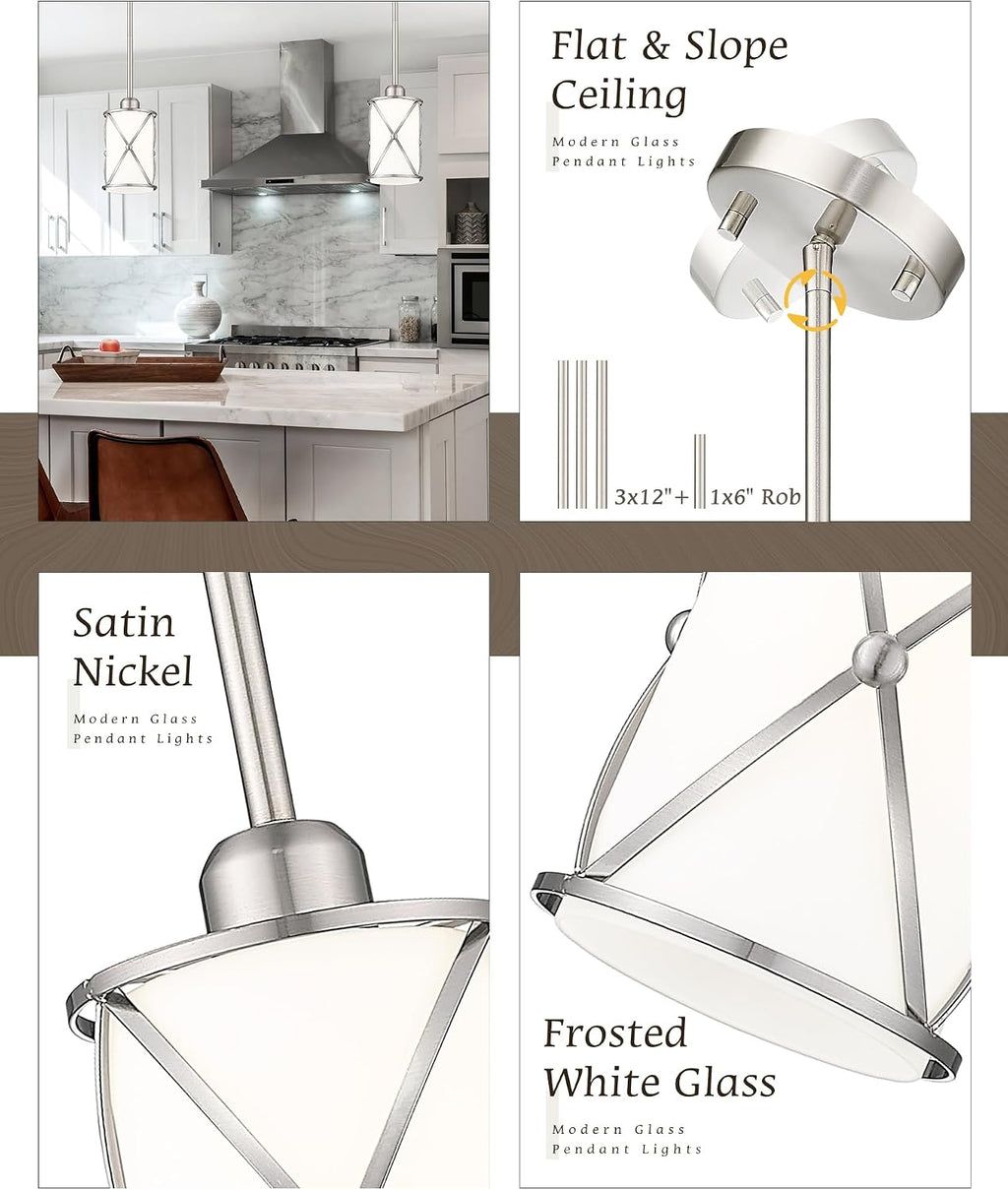 Brushed Nickel Pendant Lights Kitchen Island 3 Pack, Milk Glass Kitchen Pendant Lighting Over Island with Rods, Modern Mini Hanging Light for Sink Dining Room, CH9176BNW-3PK