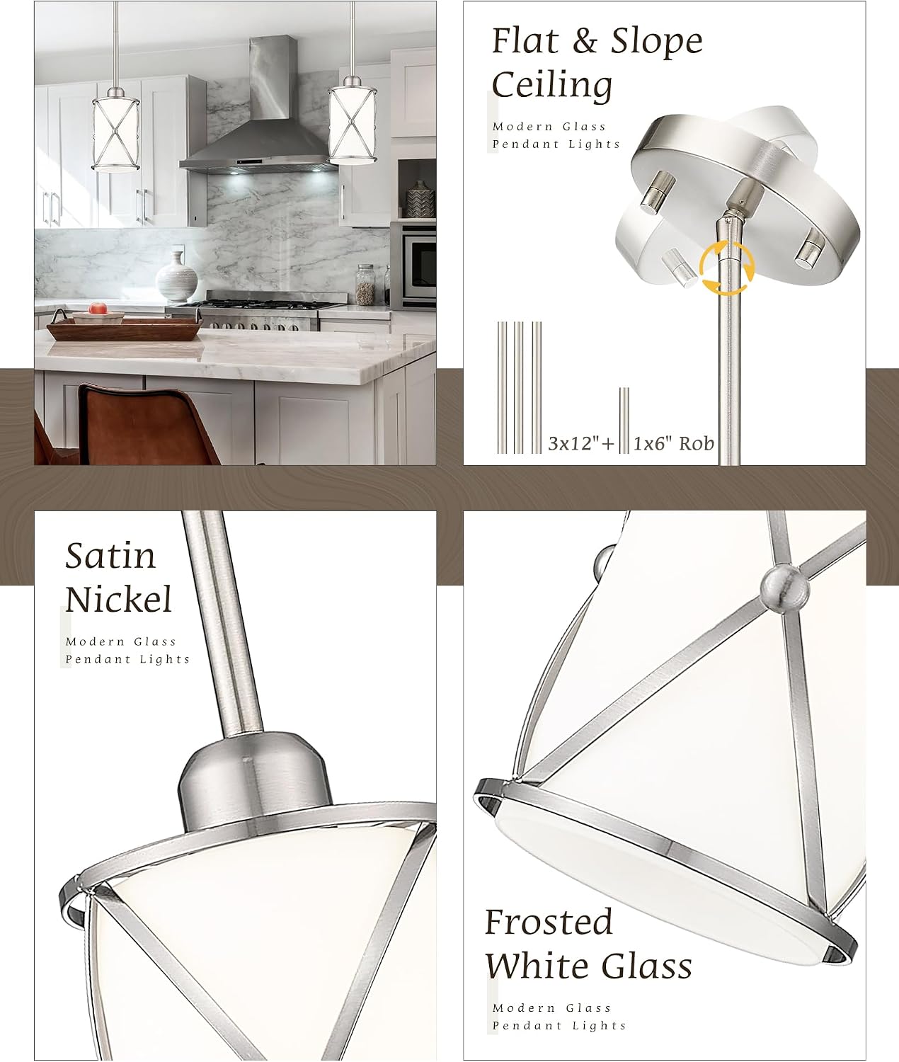 Brushed Nickel Pendant Lights Kitchen Island 3 Pack, Milk Glass Kitchen Pendant Lighting Over Island with Rods, Modern Mini Hanging Light for Sink Dining Room, CH9176BNW-3PK
